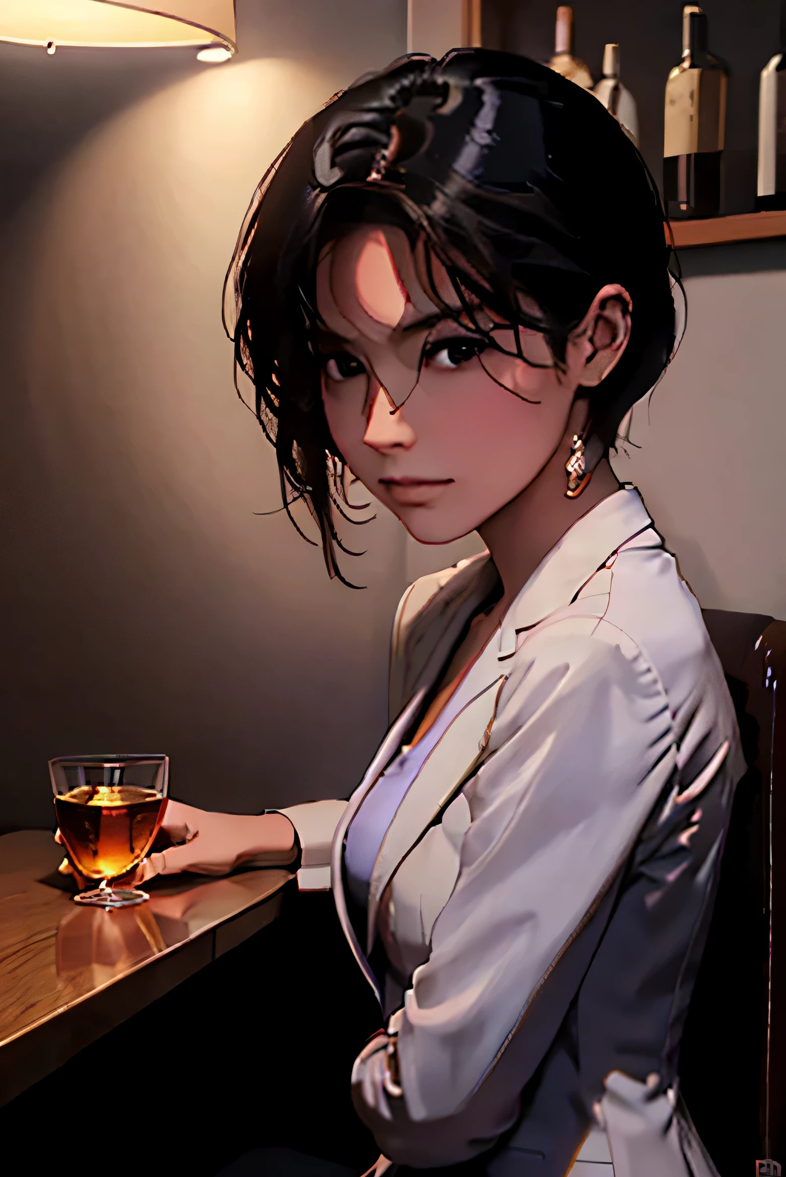 background is white。calm and confident、Draw an illustration of a sophisticated woman. She has shoulder-length black hair styled in a modern style.。, Wavy Bob. women are、Suggests professionalism and style、She is wearing a tailored white blazer and a fitted purple skirt。. she is sitting on a bar stool, While casually placing one hand on the surface of the bar., The other person is holding a glass of amber liquor., probably whiskey. Her posture is relaxed yet confident, in a little while, friendly smile, Convey both elegance and friendliness. The lighting should softly emphasize her features, Add a sense of luxury. The background should be inside the blurred bar, Give the scene a sense of depth and context.