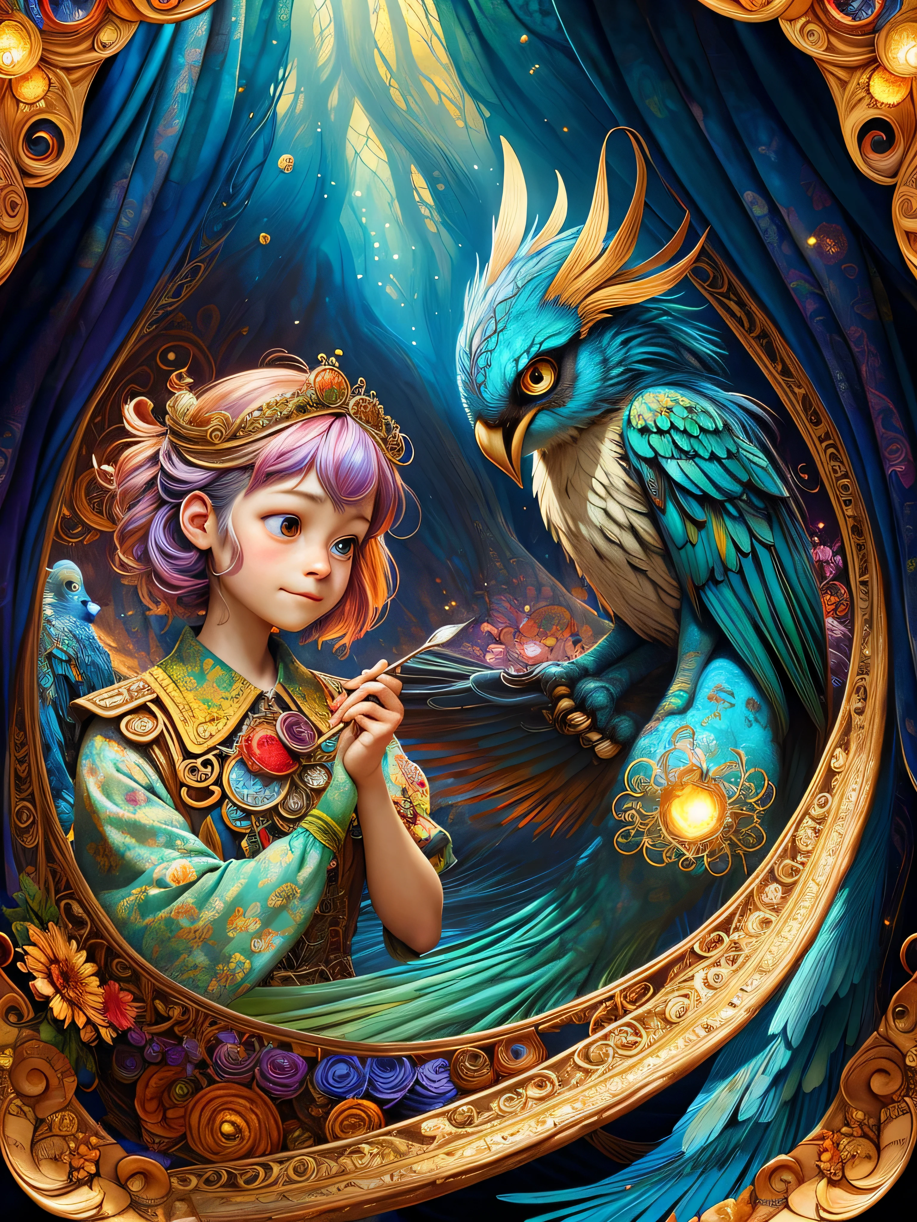 Art by Esao Andrews, Josephine Wall, Charlie Bowater, Mandy disher Miyazaki worlds, dreamy, romantic, manga art , fairytale, , ink painting, , detailed landscape , shadow play, dynamic poster, close up Yokai feathered monster making breakfast on the kitchen, sunbeams, glittering, detailed textures,cute, adorable, vintage, art on a cracked paper, fairytale, patchwork, , storybook detailed illustration, cinematic, ultra highly detailed, tiny details, beautiful details, mystical, luminism, vibrant colors, complex background,