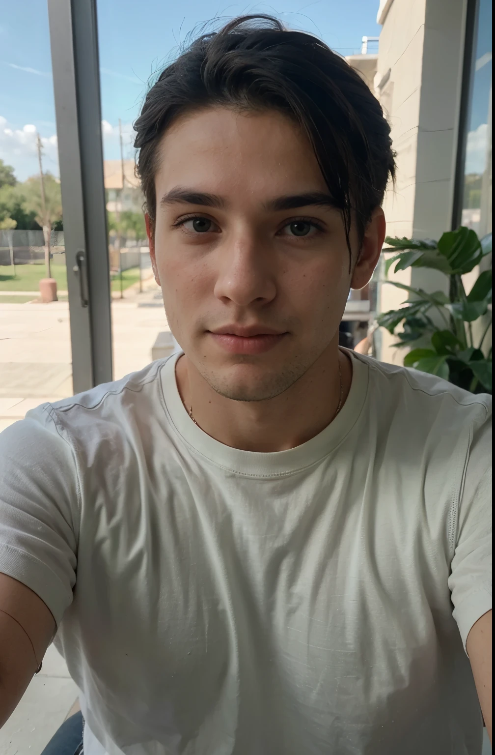 24 year old man, piel blanca morena, cabello corto, cabello ondulado, cabello corto, ojos azules, cuerpo delgado, hombros anchos, camisa color verde, acostado, selfie, foto de perfil, playera verde, mirando el cielo.