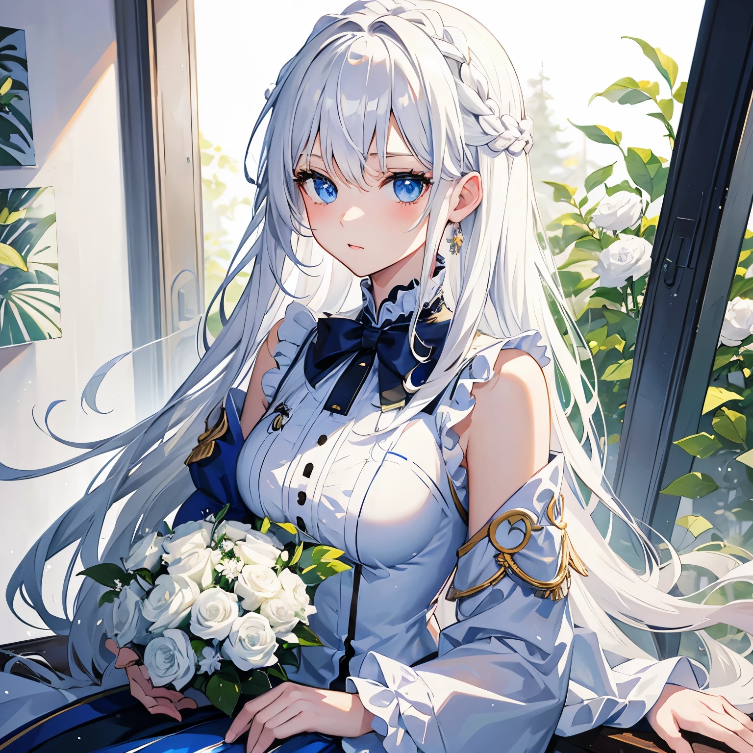 anime girl, white hair, blue eyes, idol uniform, photoshoot, portrait, sitting, holding flowers, white background, natural, perfect, very detailed 