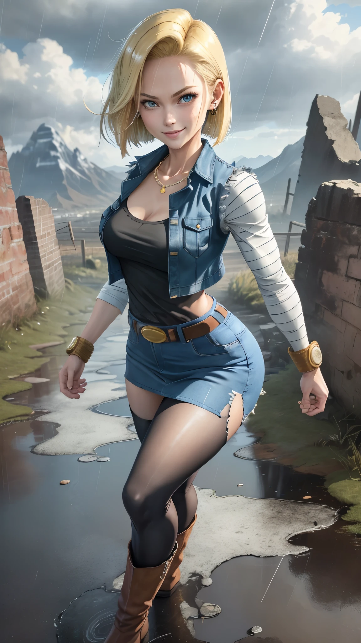 best quality, highres, and18, 1girl, android 18, solo girl, 1girl, blonde hair, blue eyes, belt, boots, tight blue demin skirt, gold_necklace, black shirt, short hair, long striped sleeves, earrings, open vest, denim vest, medium breasts, cowboy shot, mountains, straight-on, (weather: raining and windy), wet body, sexy smile, combat stance, full length pantyhose, battle ruins, wide hips, thick legs, torn clothes, closed fists, striped panties,