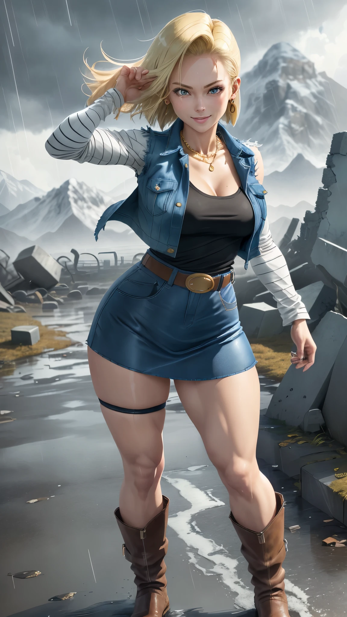 best quality, highres, and18, 1girl, android 18, solo girl, 1girl, blonde hair, blue eyes, belt, boots, tight blue demin skirt, gold_necklace, black shirt, short hair, long striped sleeves, earrings, open vest, denim vest, medium breasts, cowboy shot, mountains, straight-on, (weather: raining and windy), wet body, sexy smile, combat stance, full length pantyhose, battle ruins, wide hips, thick legs, torn clothes, closed fists, striped panties,