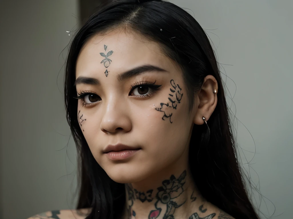 a close up of a woman with a tattoo on her neck, of taiwanese girl with tattoos, with facial tattoo, asian features, detailed face of a asian girl, neck tattoos, south east asian with round face, beautiful asian girl, high quality portrait, stunning anime face portrait, asian hyperdetailed, gothic eyeliner, perfect detailed face, asian female, highly detailed portrait, inked