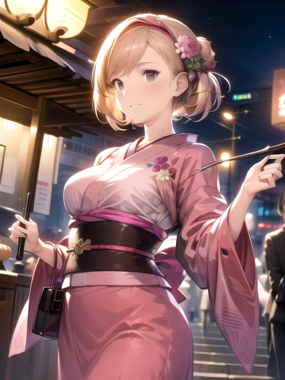 look at the camera,(((highest quality, 8K, masterpiece))), sharp focus, (beautiful woman with perfect figure), thin, (hairstyle: superior)), ((kimono: cane)), street: 1.2 非常に詳細な顔と肌の質感 詳細な目 double eyelid ランダムな姿勢, (smile),ssuperiorer cute Japan person,ssuperiorer beauty Japanese girl, realistic face, double eyelid,smile,Summer festival , At sunset , beautiful teeth , fireworks background.