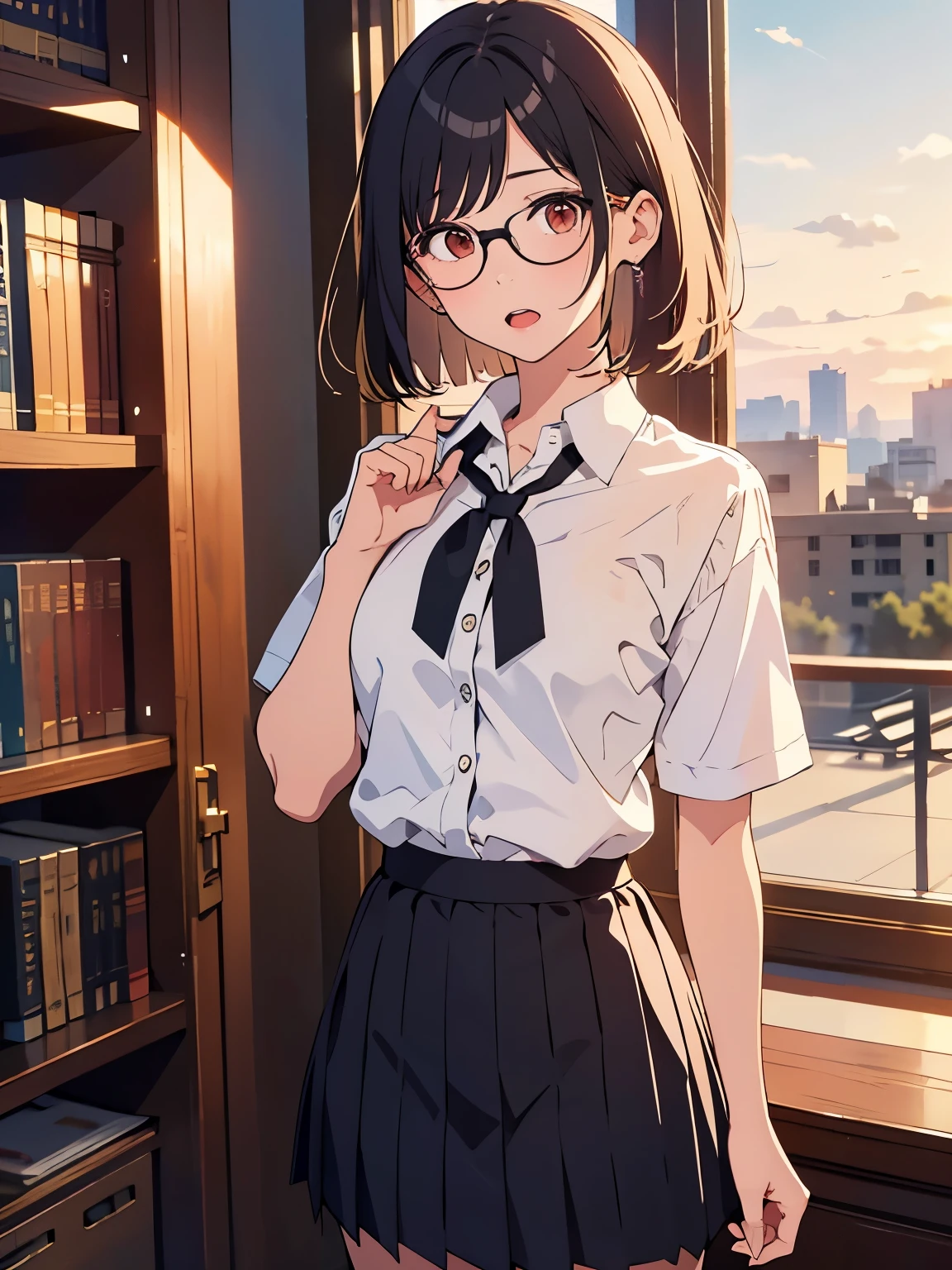 { masterpiece: best quality } { school theme } { background = in a library : books : sunset } { Character = Dahyun : fit body : short dark bob hair with straight bang : wearing glasses : white collar shirt : black tie : black skirt } { shocked : open mouth : sweats : standing : being confessed : hands on chest }