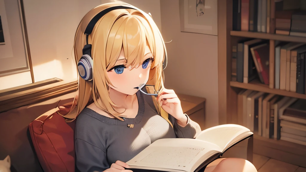 Girl with blonde hair in her room, with a headset in her ear, reading a book, sitting on the chair, with her cat on her lap