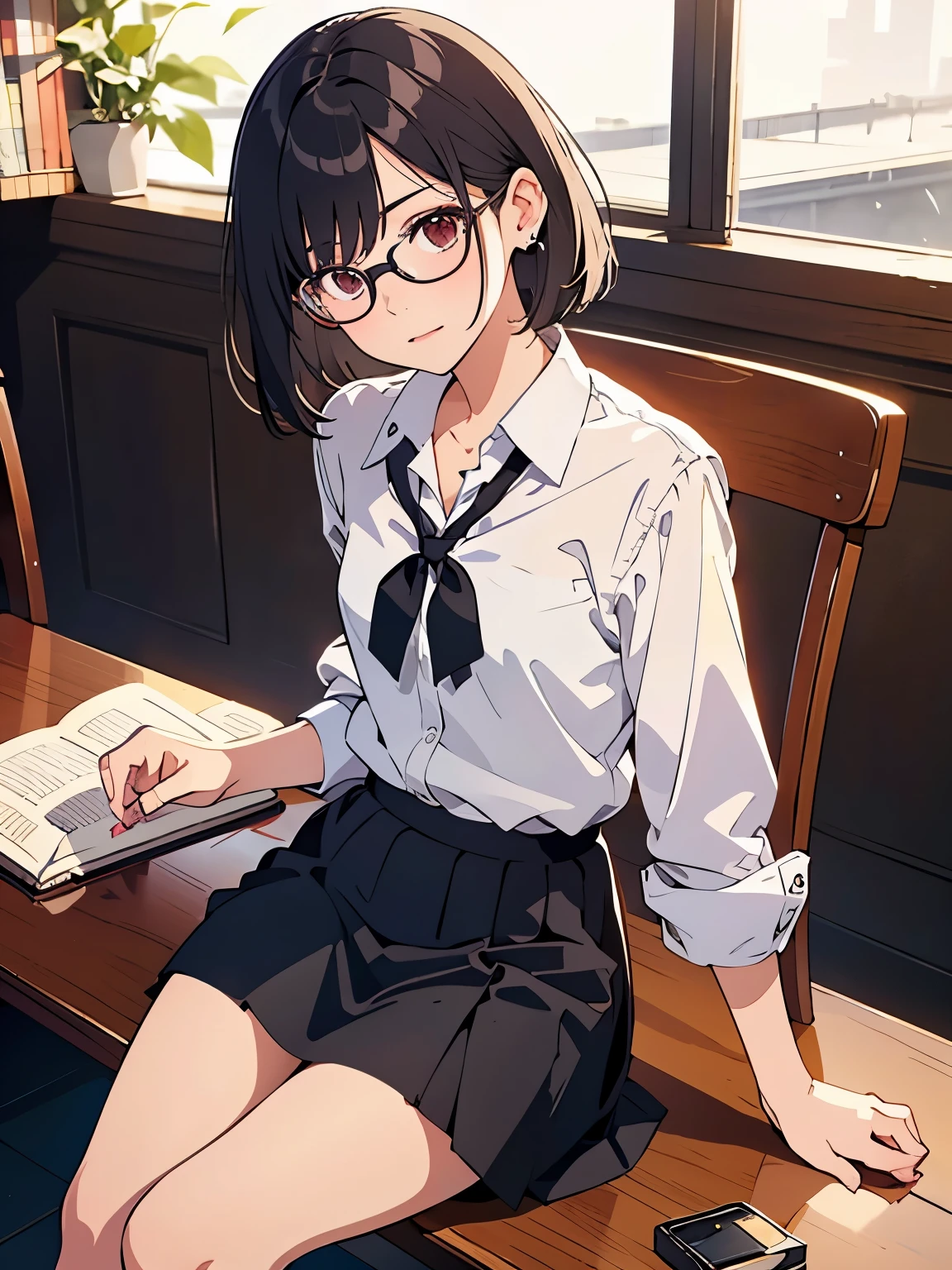 { masterpiece: best quality } { school theme } { background = in a library : books } { Character = Dahyun : fit body : short dark bob hair with straight bang : wearing glasses : white collar shirt : black tie : black skirt } { accurate to description } { Sitting on a chair : studying : serious face }