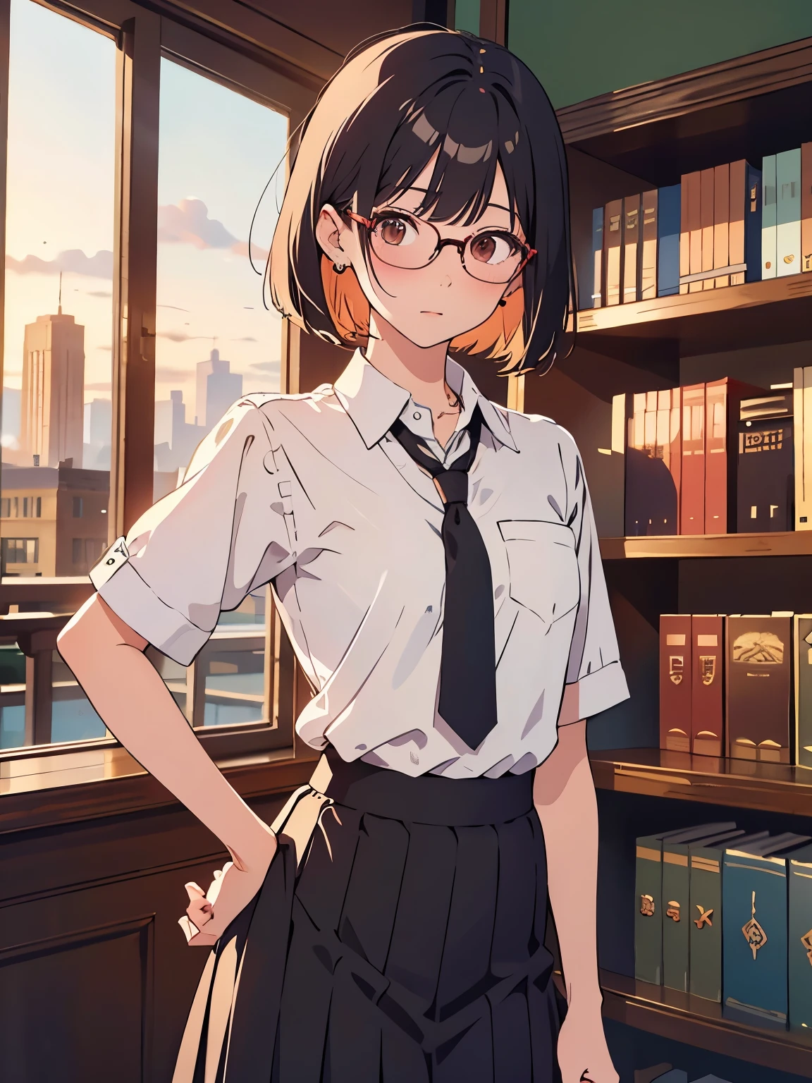 { masterpiece: best quality } { school theme } { background = in a library : books : sunset } { Character = Dahyun : fit body : short dark bob hair with straight bang : wearing glasses : white collar shirt : black tie : black skirt } { angry : cute blush   : sweats : standing  : hands on hip }