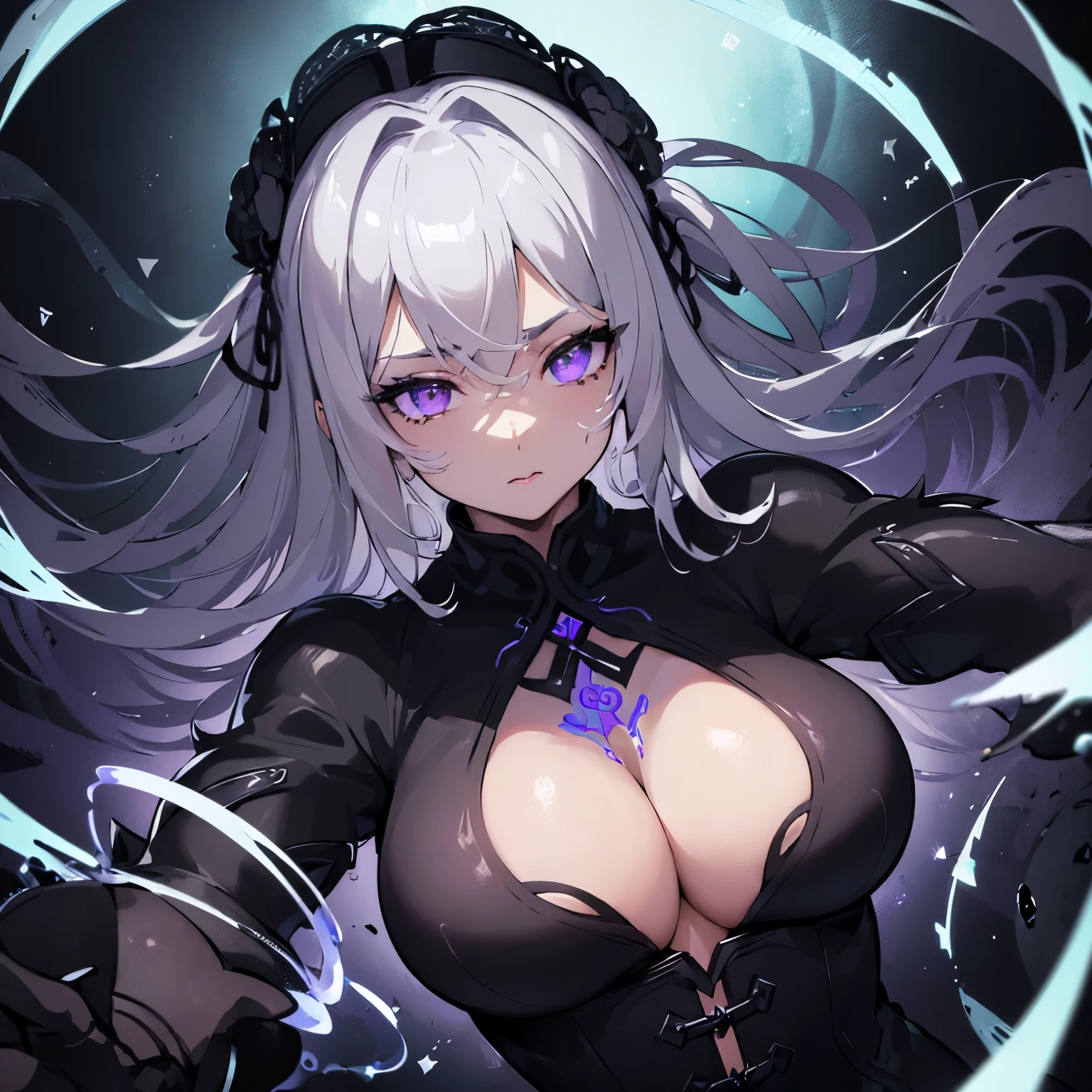 (masterpiece, best quality, ultra-detailed, best shadow), (detailed background,dark fantasy), (beautiful detailed face), high contrast, (best illumination, an extremely delicate and beautiful), ((cinematic light)), colorful, hyper detail, dramatic light, intricate details, (1girl, solo,white hair, sharp face, purple eyes, hair between eyes, dynamic angle), blood splatter, (swirling black light around the character:1.5), depth of field, black light particles, (broken glass), magic circle, gothic clothes, black lipstick, black mascara, curvy body, supple large breasts