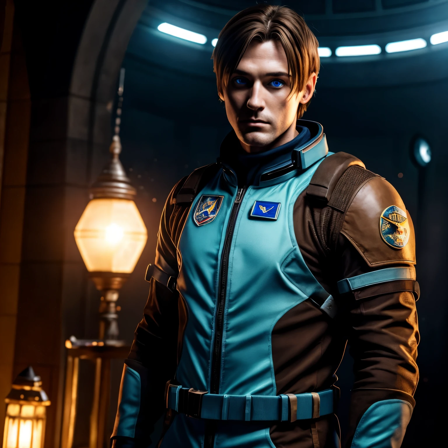 (((Leon Scott Kennedy))), undercucho Close Portrait of Elegant Person [undercucho] in bespoke MAN suit: tall muscular man, elegant, bright lights, highly detailed, soft and sharp focus, illustration, (High detail skin: 1.2), 8k UHD, DSLR, soft lighting, high quality, male model, (((1 MAN))) space uniform, space suit, space jacket, space overalls, techno-gothic background, cathedral, (((/LOOKING AT THE VIEWER/))), ((((Brown Hair, Short Hair, Extremely Short Hair))), (((Blue EYES))), Thousand yard stare, (upper body: 1.0), best quality, intricate details, detailed eyes, masterpiece, flashlight, smoke around him, MASTERPIECE, stars, dreary furniture in background