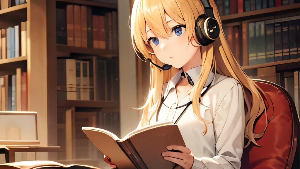 Girl with blonde hair in her room, with a headset in her ear, reading a book, sitting on the chair, with her cat on her lap