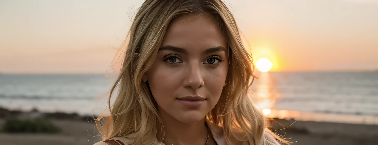 Best quality, instagram influencer, blonde female 30yo, depth of field, sunset, looking in the camera, big tits