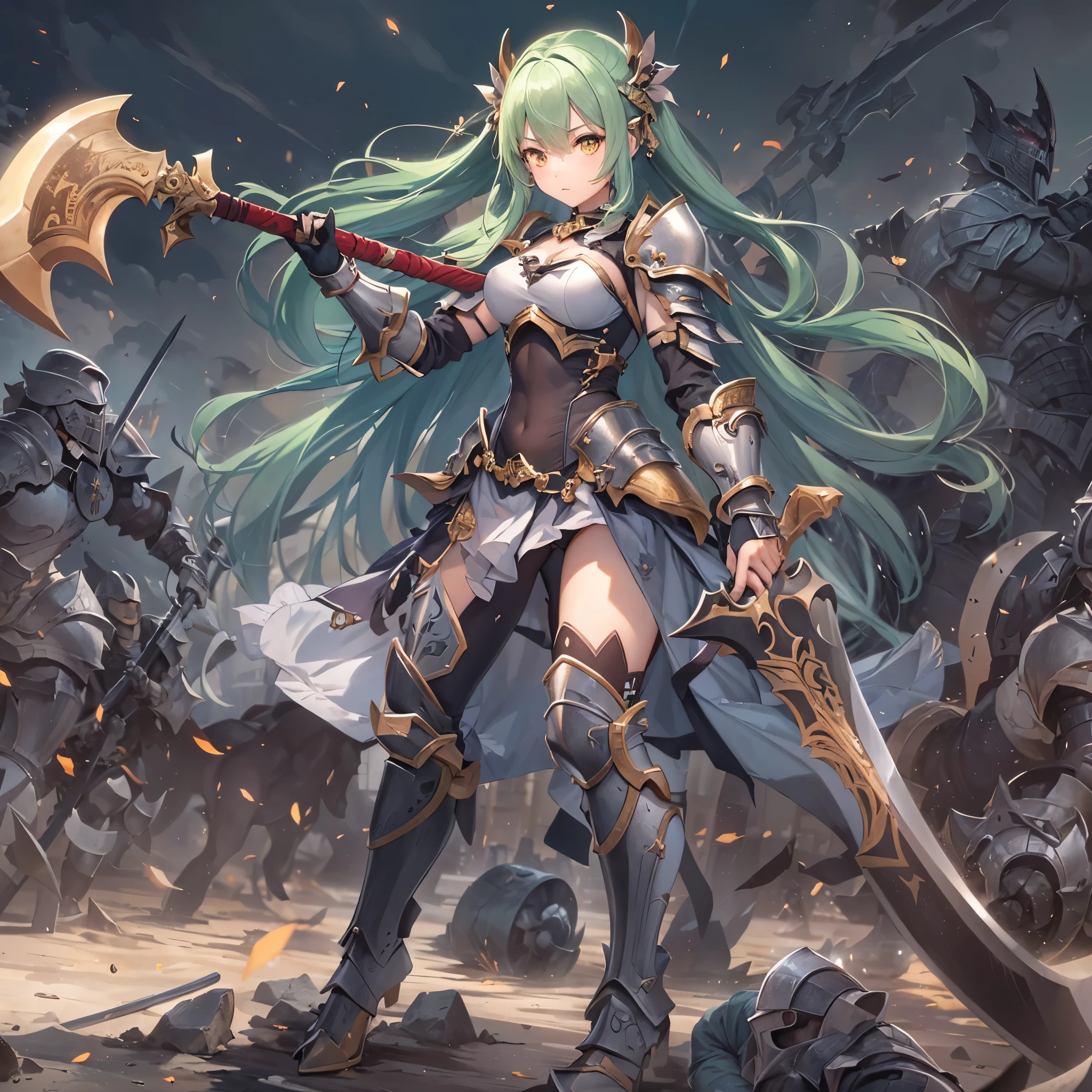 perfect anatomy, masterpiece:1.2, best quality, 8k, beautiful detailed grow, daydreaming expression, break, (((hand holding divine biggest hand ax gripping ax in hands))), (battle style:1.3, combat readiness), (soro:1.2, divine ax knight cute girl is ponytail green hair long hair, cute yellow eyes, serious face), (in a battle armor), break, in the battlefield at dusk.