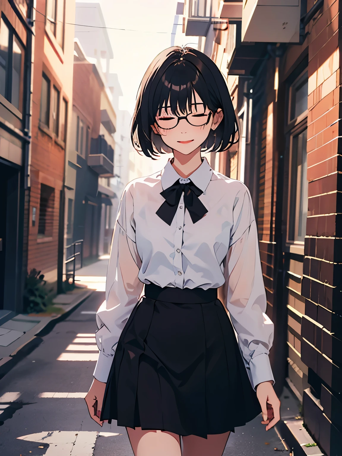 { masterpiece: best quality } { horror theme } { background = night : abandoned  dark alleyway } { Character = Dahyun : fit body : short dark bob hair with straight bang : wearing glasses : white collar shirt : black tie : black skirt } { accurate to description } { waking home alone : happy : closed eyes }