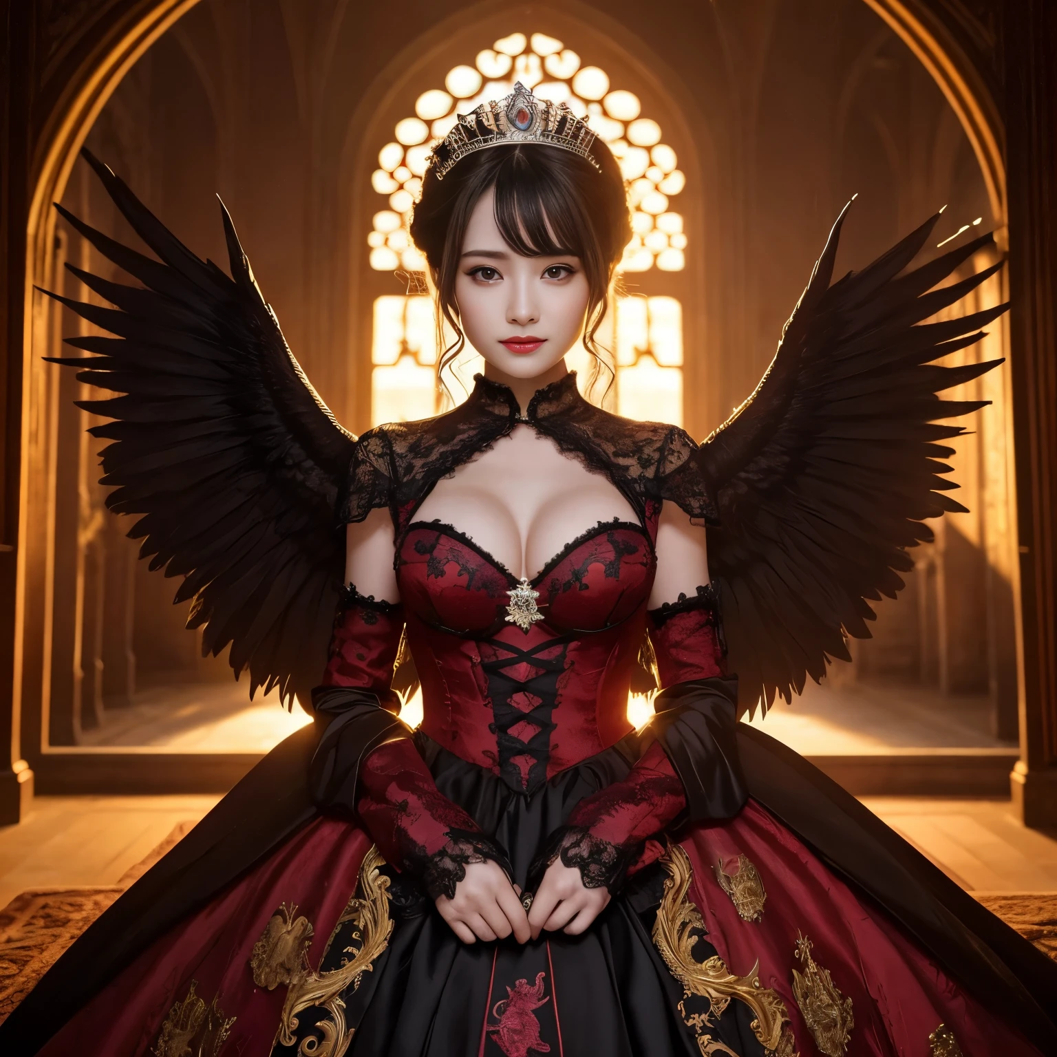 (highest quality、table top、8K、best image quality、super fine)、Creepy devil wings glowing red and black、Shining fantastic devil wings、romantic devil princess、shining wings、very beautiful devil queen、big princess dress、Final form as a complete demon、devil's masterpiece、Huge and intricate devil wings,Wings with a very elaborate texture,Wings with a very complex texture,Creature wings with a very realistic texture,The most dignified wings,The most intricate and luxurious gothic dresses,The most gorgeous princesses dress up with achievements、The most beautiful princesses in the world、Intricate and solemn black dress,The background is a complex and detailed castle exterior, Majestic and beautiful devil,The most majestic form of the Demon King,giant queen tiara,The most complex depiction of the devil,Accurate reproduction of perfect diabolical details,Appearance of an unimaginably gorgeous devil,An unimaginably huge and beautiful demon,Complex medieval European castle in the background,The perfect castle,With sunset and castle in the background,A castle bathed in the setting sun,Fantastic sunset,romantic sunset,great movie lighting,Sparkling sunset、beautiful wavy hair、the most luxurious and intricate dresses、the best smile looking at me、big breasts、The background is the exterior of a castle of flames、eerily burning flame