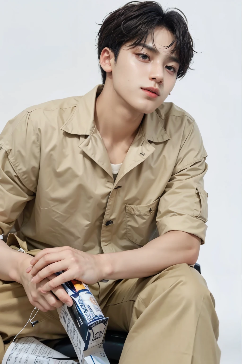arafed male model in khaki outfit sitting on a chair, Kim mingyu, mingyu Kim, seventeen member mingyu