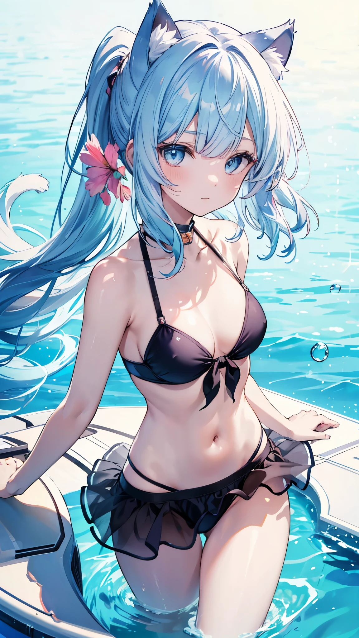 4K,8K,(masterpiece), (highest quality), (Super detailed), (messy hair), (figure), (Cat-eared girl), Are standing, Fashion Model, looking at the viewer, (face to face), (simple background), Fine and beautiful eyes, delicate and beautiful features, floating, (high color saturation), (Colorful splash), colorful bubble, (shine), focus on face, ponytail, colorful seven-colored hair,kamisato ayaka,light blue hair,bangs,hair ring,floating flowers,floating hair,(shining),best lighting,best shadow,swimsuit,bikini,bikini