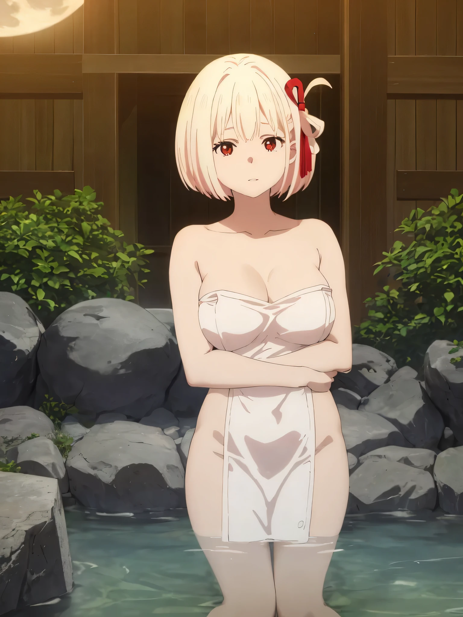 best image quality、high quality、18-year-old、1 girl, masterpiece,A woman relaxing in a hot spring,Towel 、Soak up to the shoulders、,look up at the moon、Satisfied look,Beautiful inspired light,Elegant water flow,a soothing atmosphere,Quiet and calm background、moon glare, perfect lighting, 、Bokeh, written boundary depth, blurred background, Senzoku Nishikigi、Blonde short bob、red eyes、