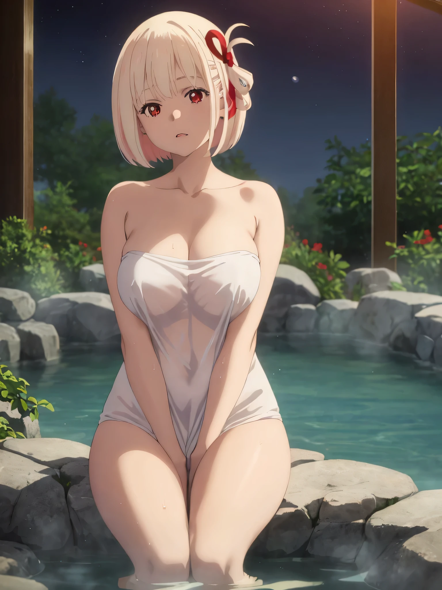 best image quality、high quality、18-year-old、1 girl, masterpiece,A woman relaxing in a hot spring,Towel naked、Soak up to the shoulders、,look up at the moon、Satisfied look,Beautiful inspired light,Elegant water flow,a soothing atmosphere,Quiet and calm background、side view、moon glare, perfect lighting, 、Bokeh, written boundary depth, blurred background, Senzoku Nishikigi、Blonde short bob、red eyes、
