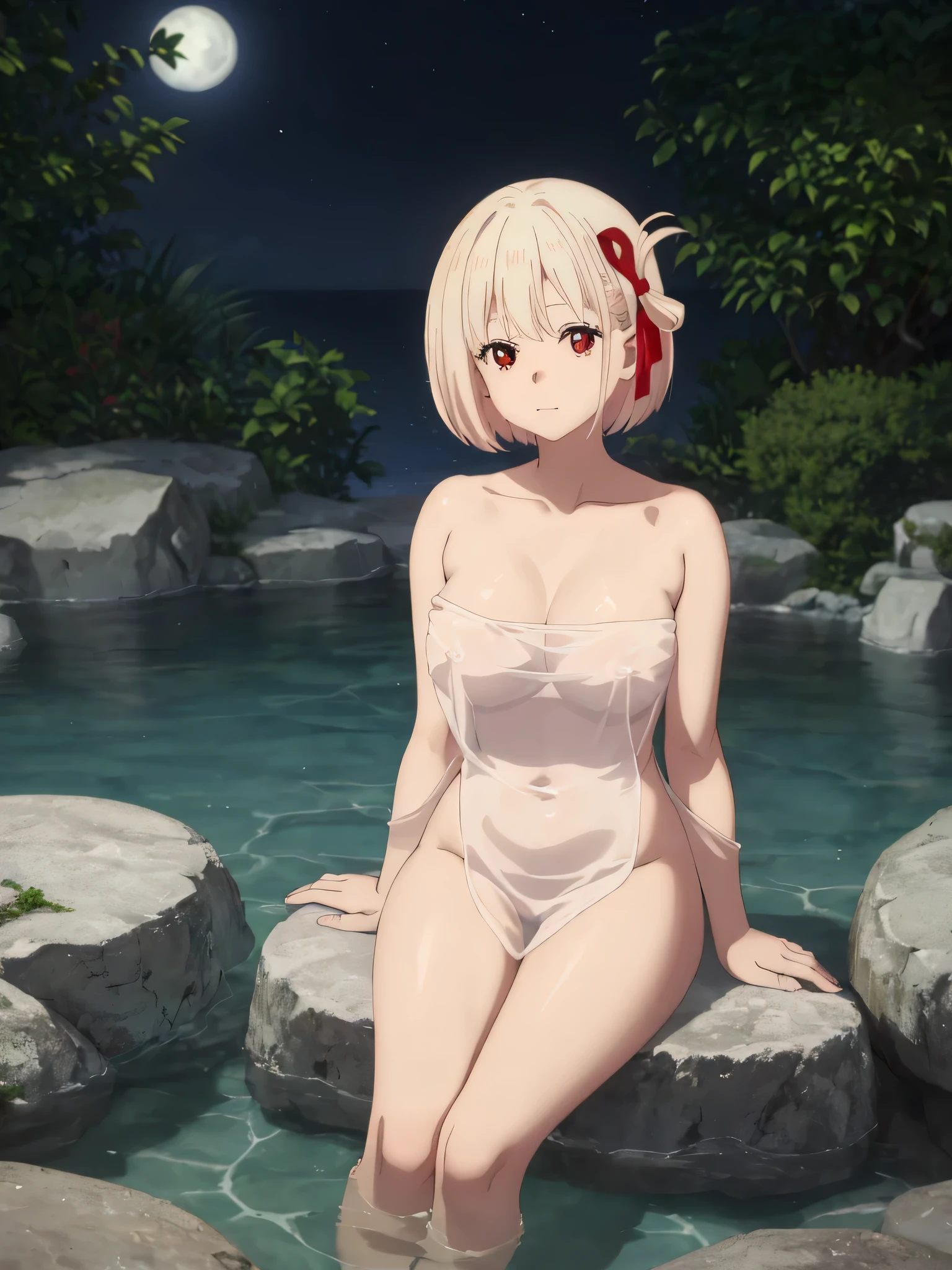 best image quality、high quality、18-year-old、1 girl, masterpiece,A woman relaxing in a hot spring,Towel naked、Glimpse、nipple、Soak up to the shoulders、,look up at the moon、Satisfied look,Beautiful inspired light,Elegant water flow,a soothing atmosphere,Quiet and calm background、feet out of water、cross your legs、Take only your feet out of water、When you take a bath in hot water, parts of your body become invisible.、moon glare, perfect lighting, 、Bokeh, written boundary depth, blurred background, Senzoku Nishikigi、Blonde short bob、red eyes、
