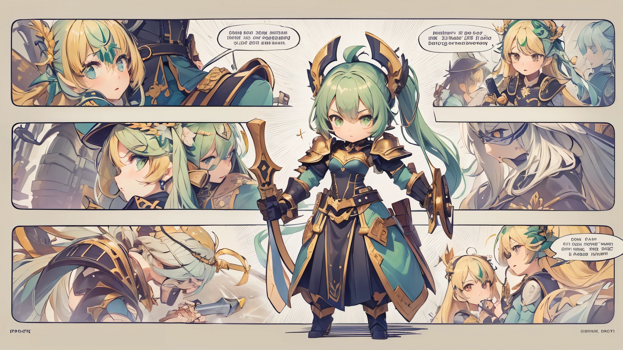 perfect anatomy, masterpiece:1.2, best quality, 8k, beautiful detailed grow, daydreaming expression, break, (((hand holding divine biggest hand ax gripping ax in hands))), (battle style:1.3, combat readiness), (running soro:1.2, divine ax knight cute girl is ponytail green hair long hair, cute yellow eyes, serious face), (in a battle armor), break, in the battlefield at dusk.