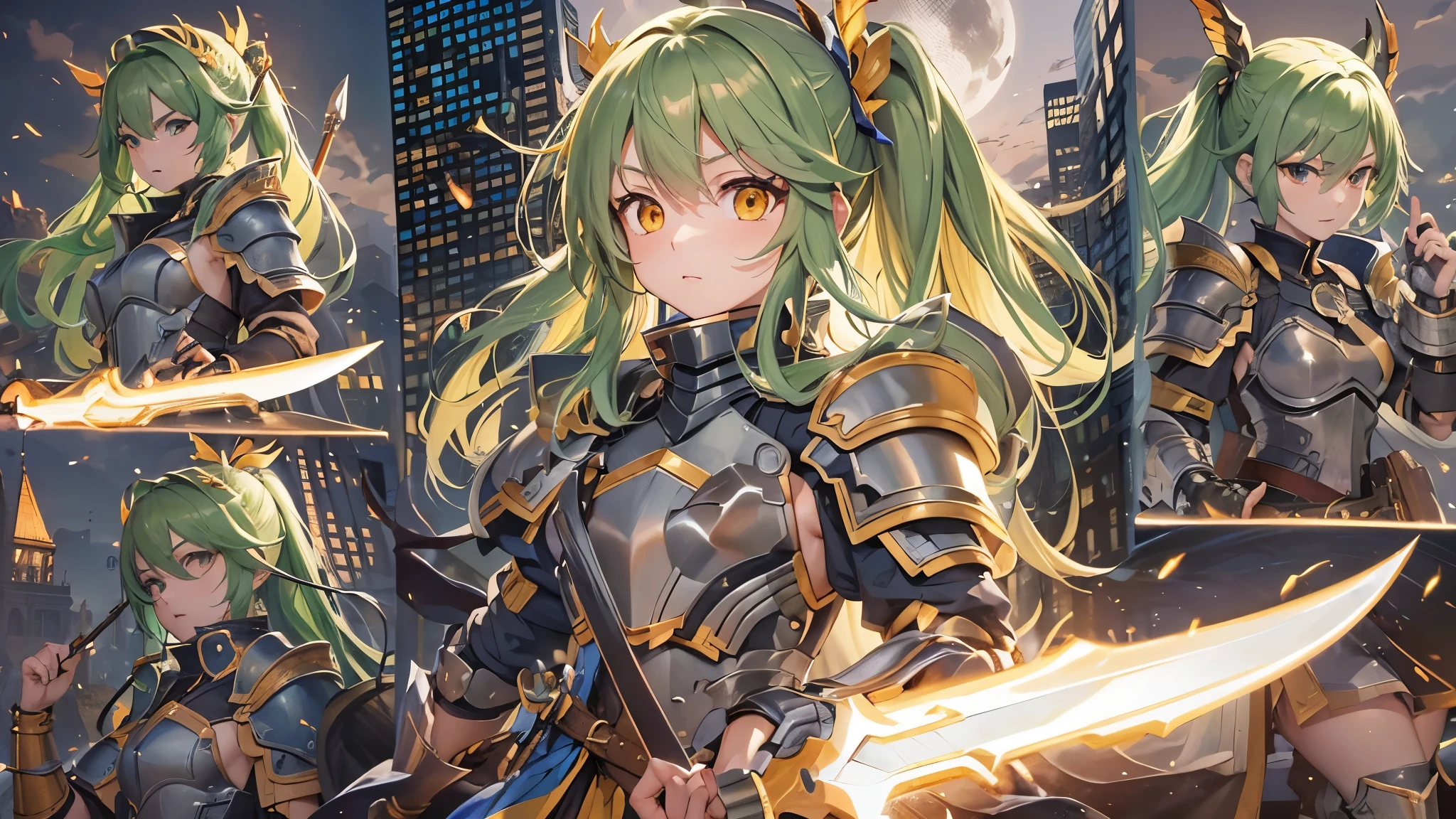 perfect anatomy, masterpiece:1.2, best quality, 8k, beautiful detailed grow, daydreaming expression, break, (((hand holding divine biggest hand ax gripping ax in hands))), (battle style:1.3, combat readiness), (running soro:1.2, divine ax knight cute girl is ponytail green hair long hair, cute yellow eyes, serious face), (in a battle armor), break, in the battlefield at dusk.