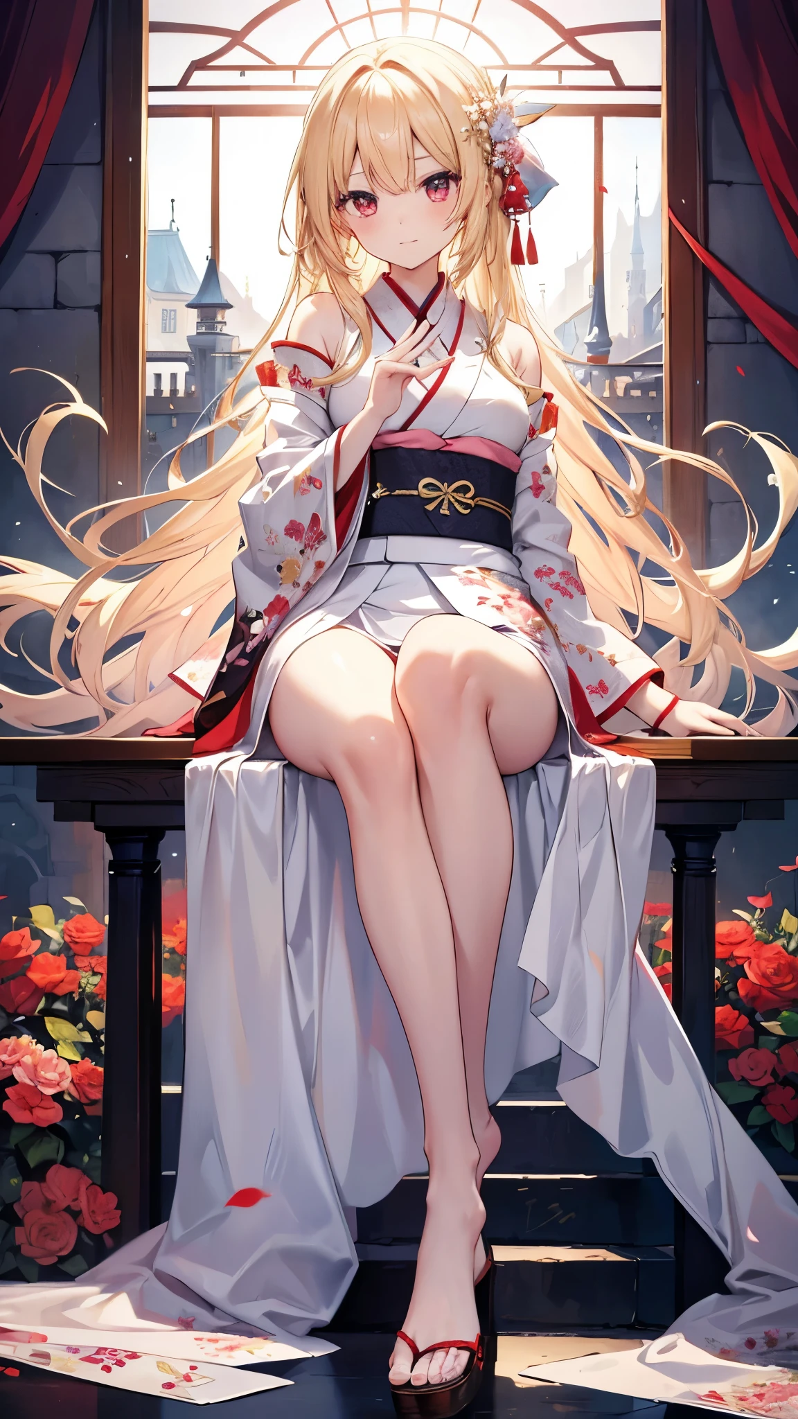 blonde、red eyes、beautiful girl alone、Sexy、princess cut、floral kimono、Western-style castle、meticulous feet、Beautifully aligned fingers
