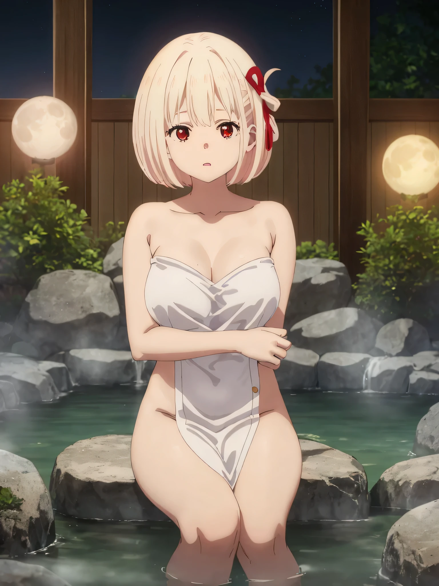 best image quality、high quality、18-year-old、1 girl, masterpiece,A woman relaxing in a hot spring,Towel naked、Glimpse、nipple、Soak up to the shoulders、,look up at the moon、Satisfied look,Beautiful inspired light,Elegant water flow,a soothing atmosphere,Quiet and calm background、Only the legs and shoulders come out of the water..、、moon glare, perfect lighting, 、Bokeh, written boundary depth, blurred background, Senzoku Nishikigi、Blonde short bob、red eyes、