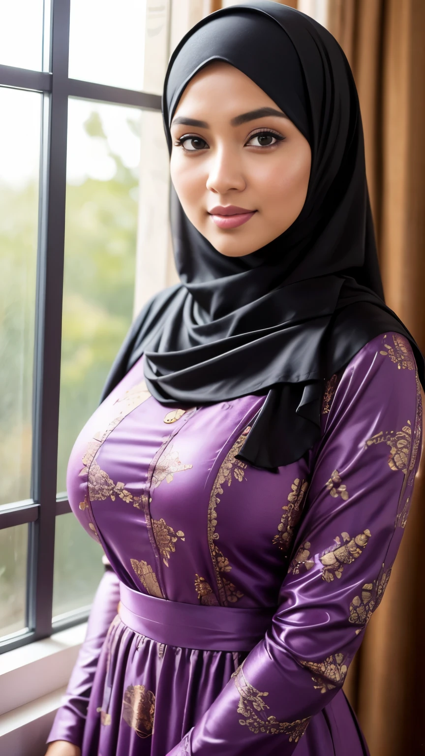 ( Close Up),RAW, Best quality, high resolution, masterpiece: 1.3), beautiful Malay woman in hijab,Masterpiece, perfect fit body,(( big breast)),big gorgeous eyes, Soft smile,beutiful face,thick thighs, wearing a purple dress and a gray scarf standing on a window sill, batik, full covered dress, with beautiful exotic, gorgeous lady, long dress,, idian dress, , hijab, femme, cute woman Excellent lighting, Bright colors, Clean lines, cumtit