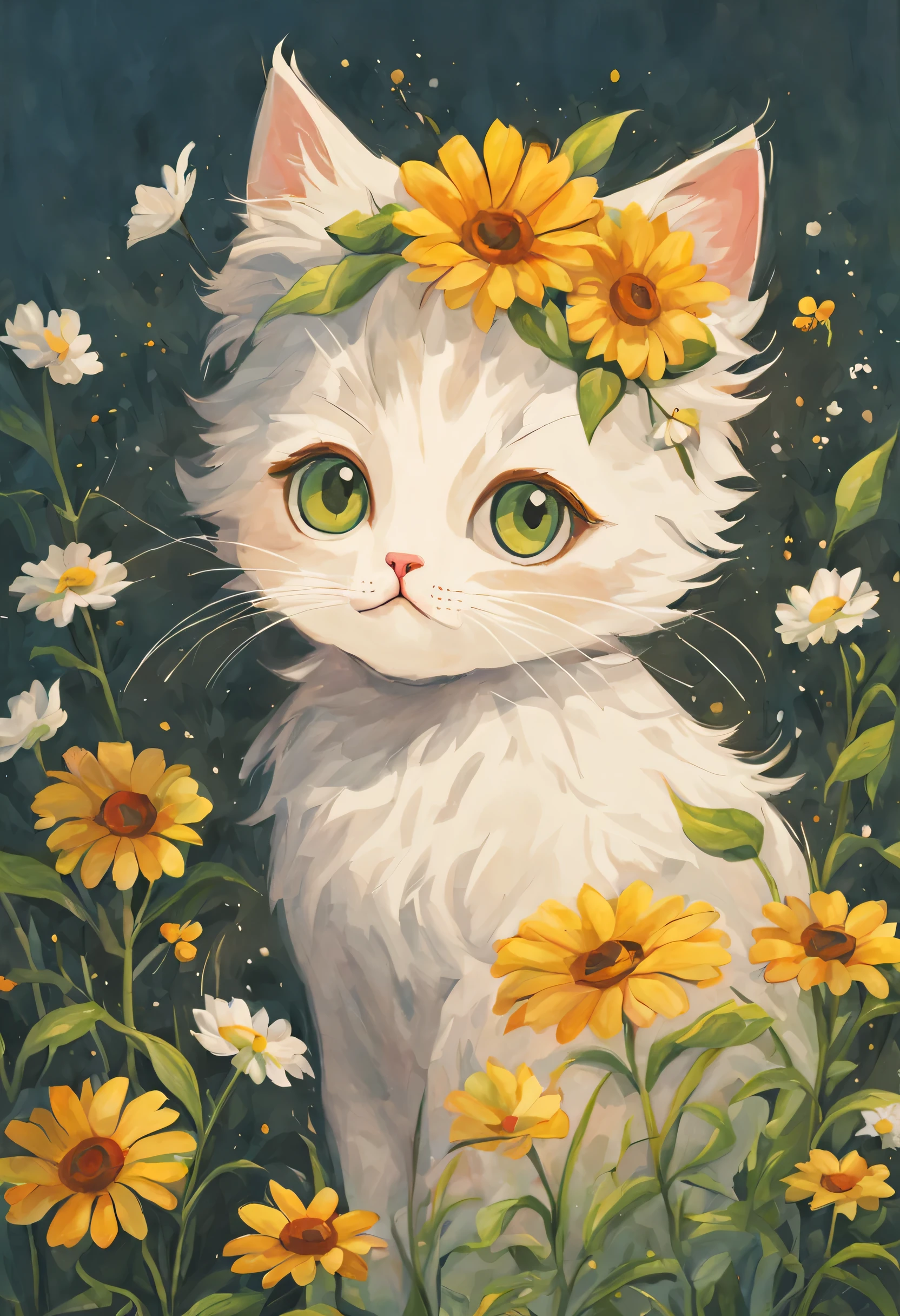 2D kleine Katze mit Blume im Haar