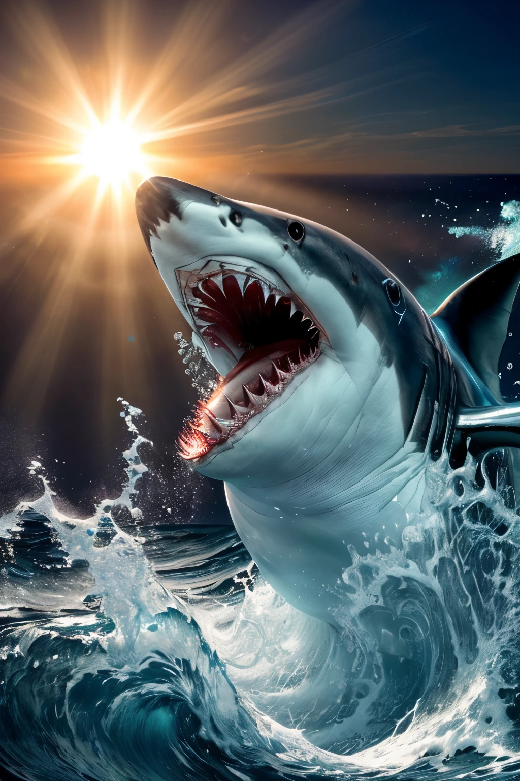 (Epic ocean background) (Highest resolution: 1.3, Highest quality: 1.3) (Realistic, photorealistic: 1.37), (8k, Rough textures, Superior quality, masterpiece: 1.2),((Well-formed shark with maximum details, open mouth showing sharp teeth, challenging pose towards the camera)), (Scenic deep-sea background with sun rays filtering through the ocean, fish swimming in the background, Great white shark in the depths of the image, illumination of the sun with waves in motion. Many bubbles at the bottom up to the top, colorful coral reefs,