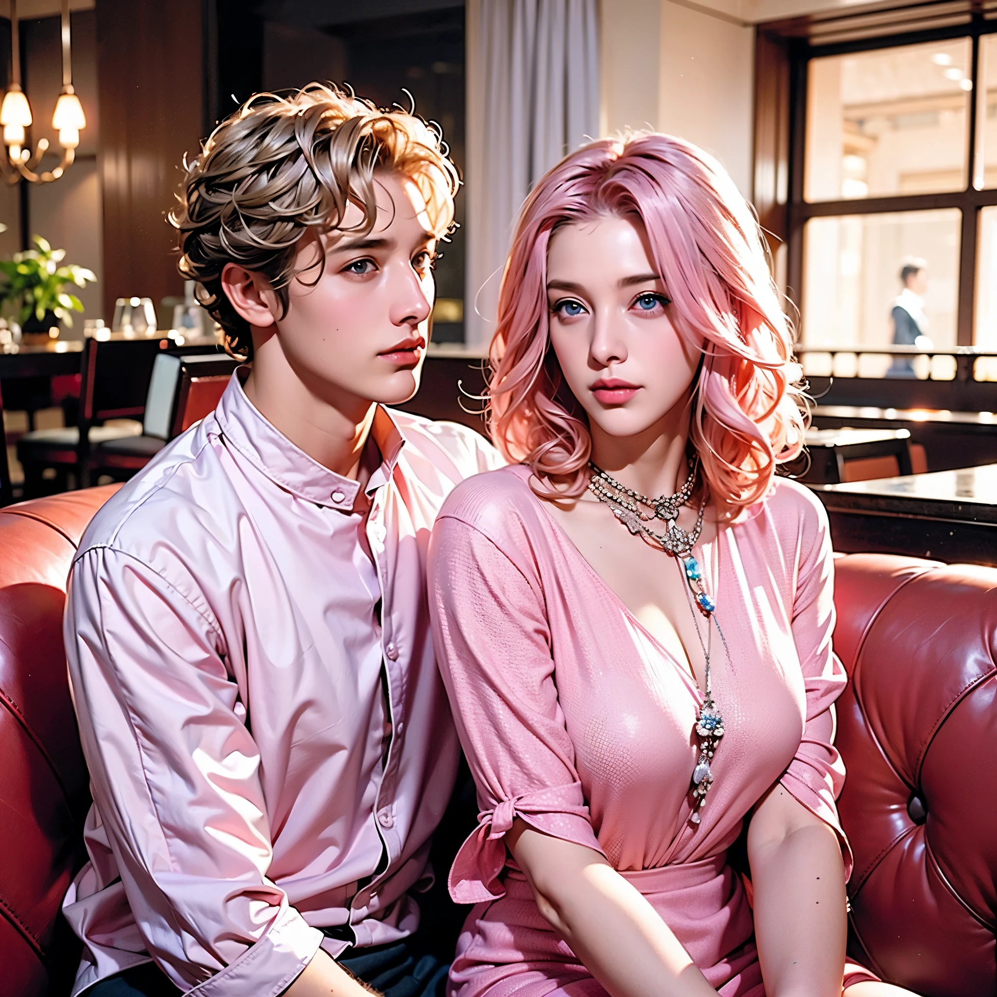 (man, male, young, boy, short hair, blonde hair, man near woman)) woman, curly hair and long pink hair, blue eyes( Pink hair woman,) two people a man and a woman,  Sitting restaurant, casual clothes


