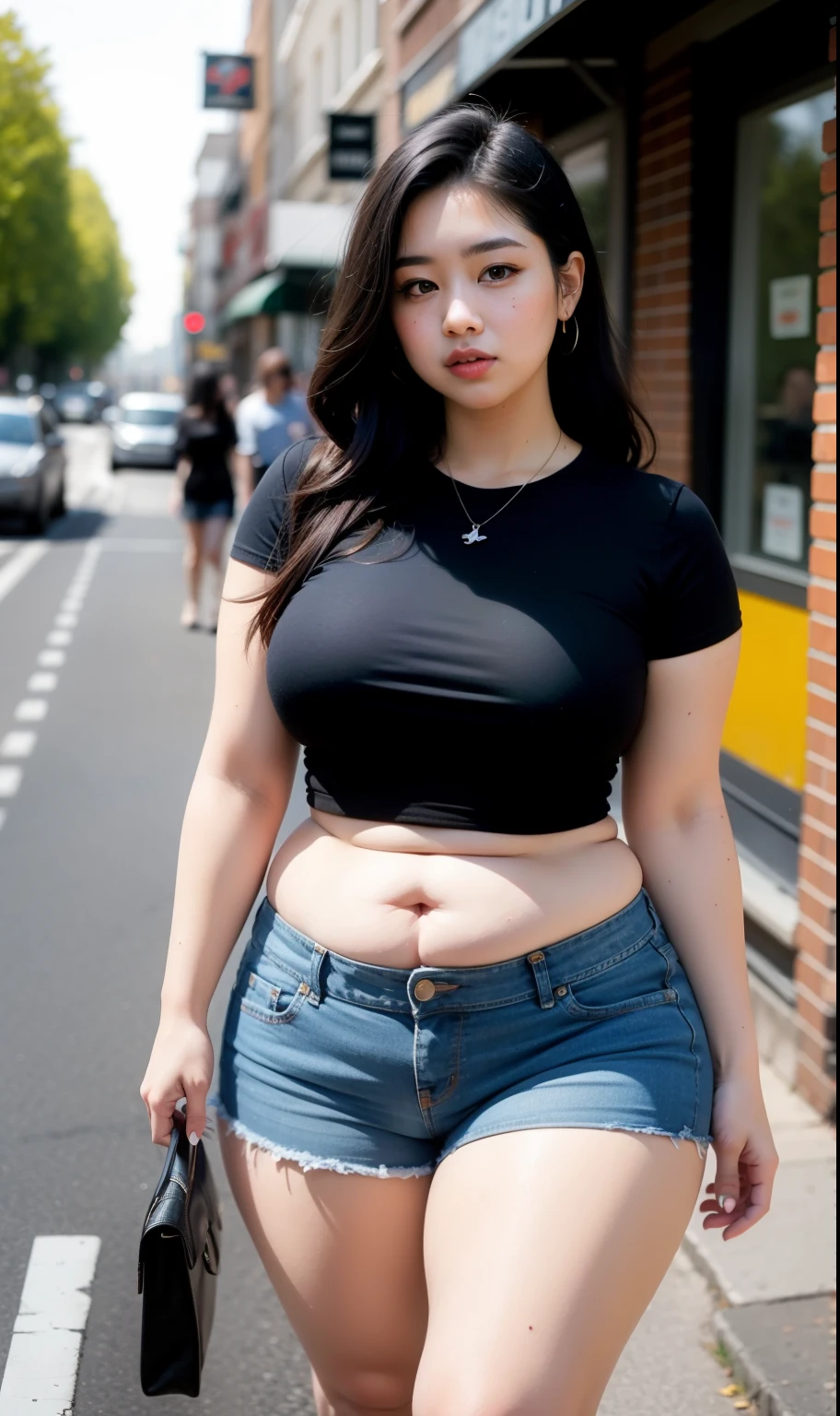 ((best quality)), ((masterpiece)), (detailed), perfect face, araffe woman in a dark-blue shirt and blue denim skirt walking down a street, thicc, she has a jiggly fat round belly, bbwchan, wearing tight simple clothes, skinny waist and thick hips, widest hips, her belly is fat and round, soft curvy shape, hyperrealistic full figure, wearing a cute top, wide hips