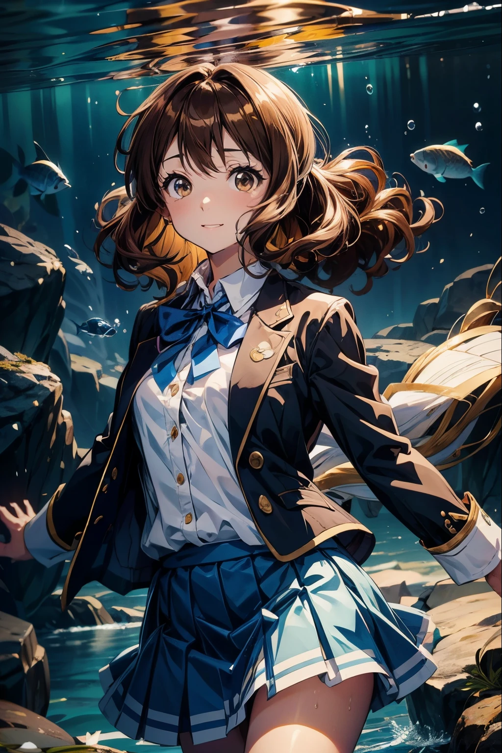 Anime girl with brown hair and brown eyes on underwater background, Overall、laughter、underwater hair physics,Air bubbles,Light coming in from water,reflector,Put in water,Split layer of water,school of fish,beauty、Highly detailed CG Unity 8K wallpaper, [3D images:1.15],charming eyes、[[detailed eye、colorful eyes、shining eyes:1.15]], Wavy hair, blazer, 青いJacket, ブルーribbon, blue skirt, button, collared shirt, Jacket, long sleeve, ネックribbon, pleated skirt, ribbon,Kumiko Oumae