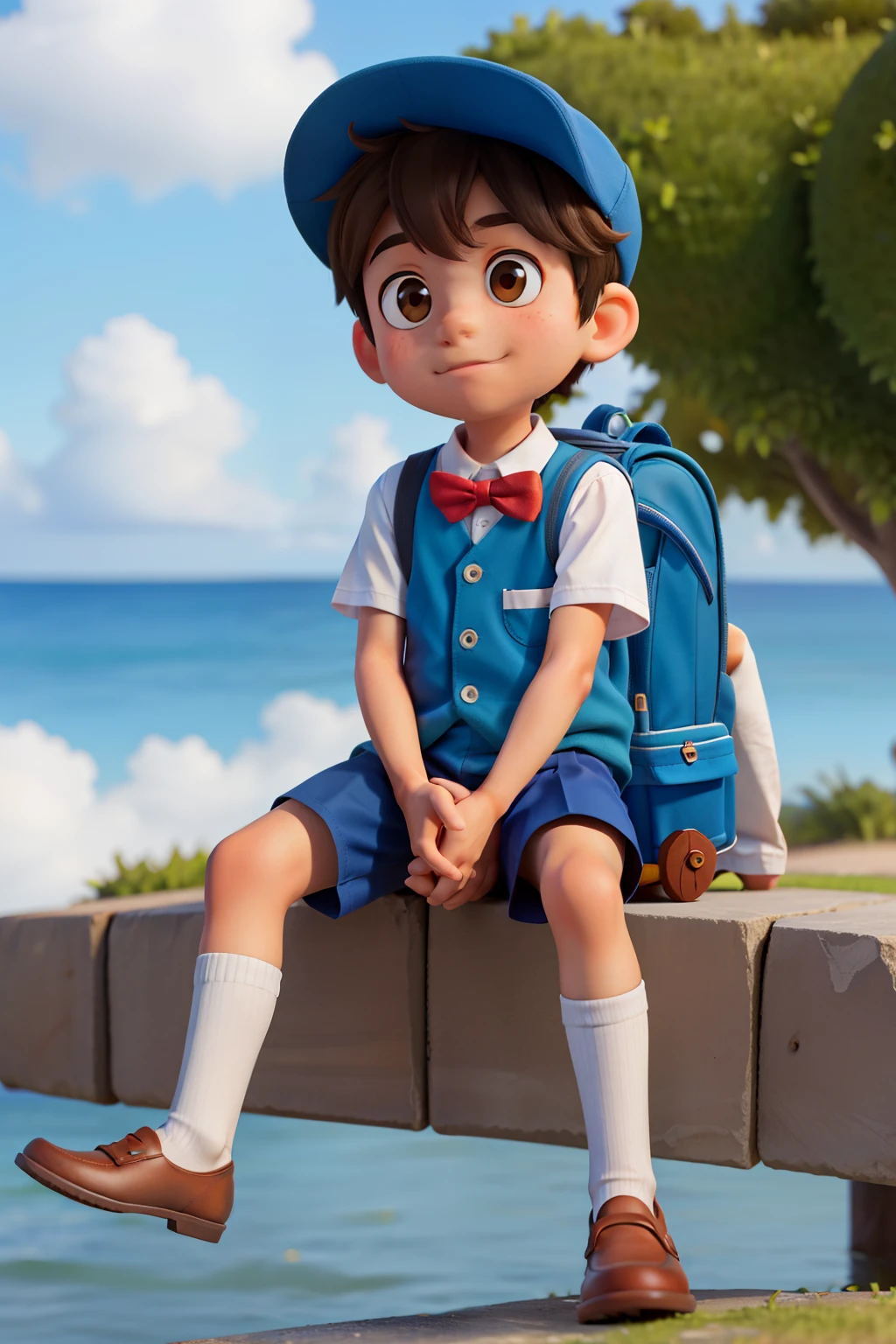 
6-year-old boy, brown eyes, sitting facing the sea, dressed in a blue school uniform, with a green backpack on his back, brown shoes, Disney style.