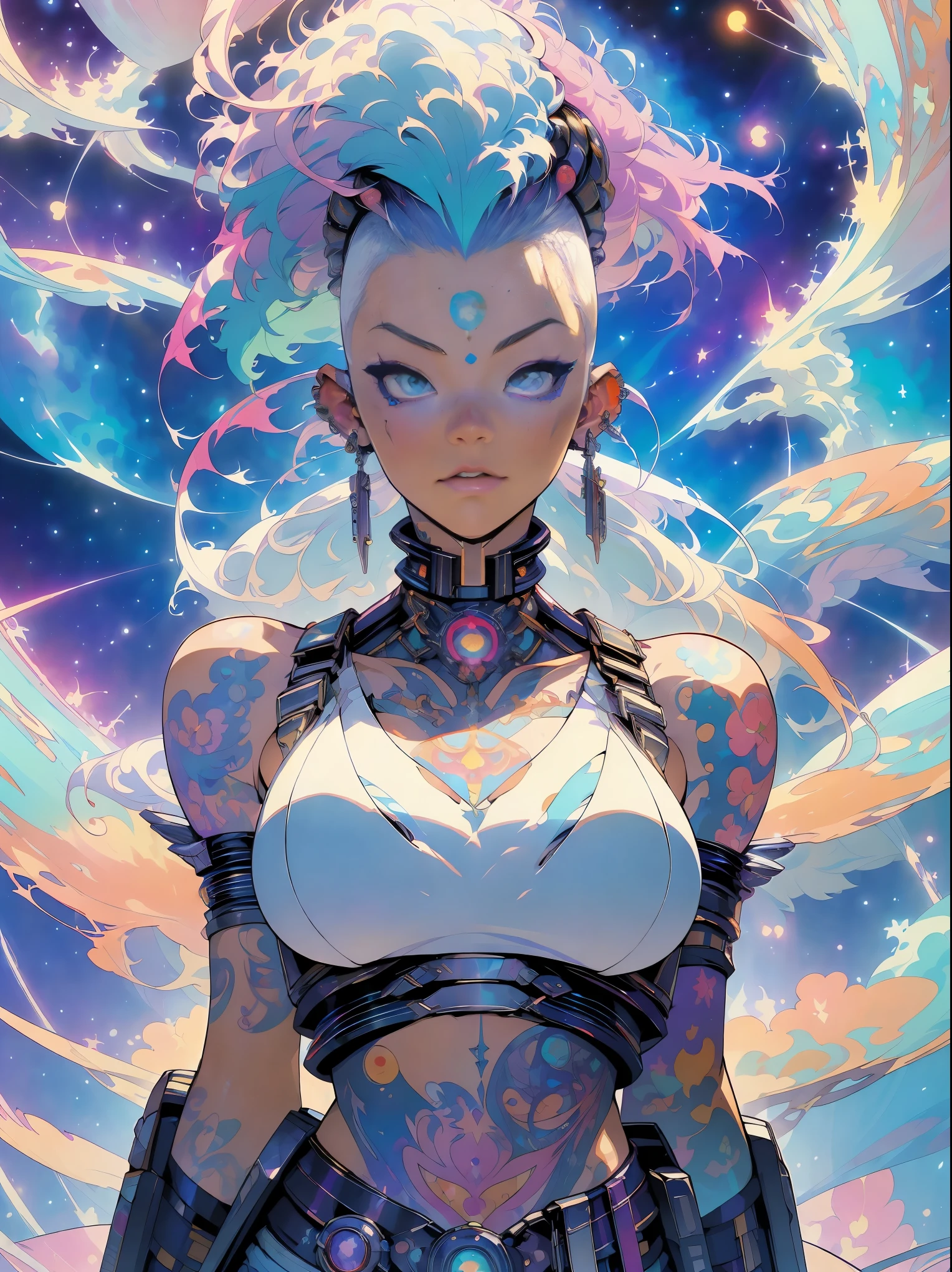(masterpiece, top quality, best quality, official art, beautiful, cosmic, atmospheric, psychedelic, dreamlike and aesthetic:1.2), (1girl, blonde punk rock mohawk hair, tons of tattoos and piercings, super huge enormously gigantic tits), extreme detailed,(fractal art:1.3),colorful,highest detailed, cherry blossoms and butterflies blowing in the wind 
