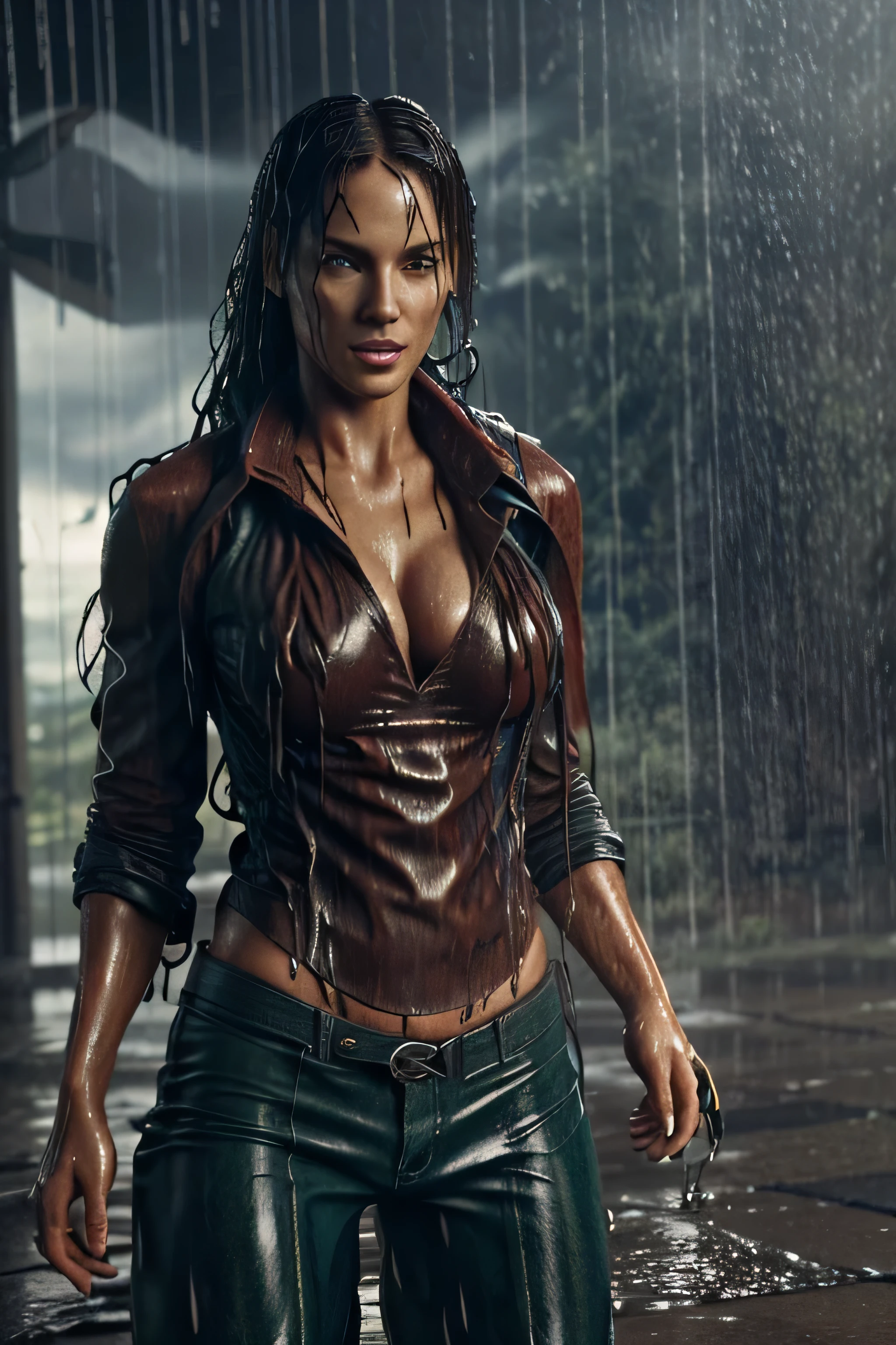 cowboy shot of lara croft, torn clothes, (storm and wind:1.5), (Heavy rain:1.5), (hot:1.6), (sexy:1.9), (wet long hair:1.5), (Wet: 1.5), (wet clothes:1.6), volumetric light, steaming body, particles, jungle, realistic