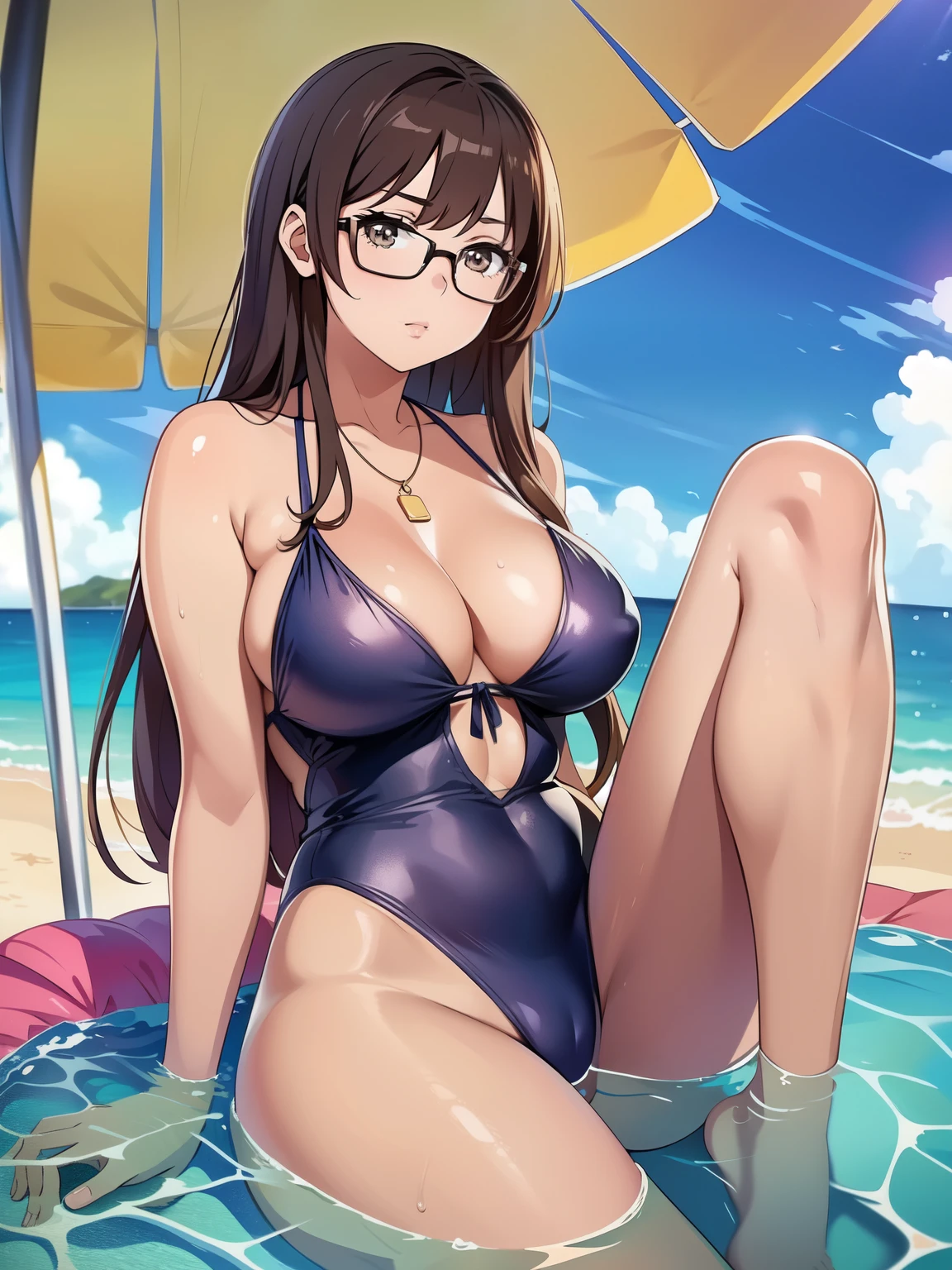 
A very beautiful anime style illustration. A beautiful girl is relaxing alone on the beach. large breasts,She is wearing a one-piece swimsuit with cute frills. she is looking into the distance. Wearing oversized sunglasses, I sit in the shade of a beach umbrella, looking at the calm waves. A shallow sea. Private beach.