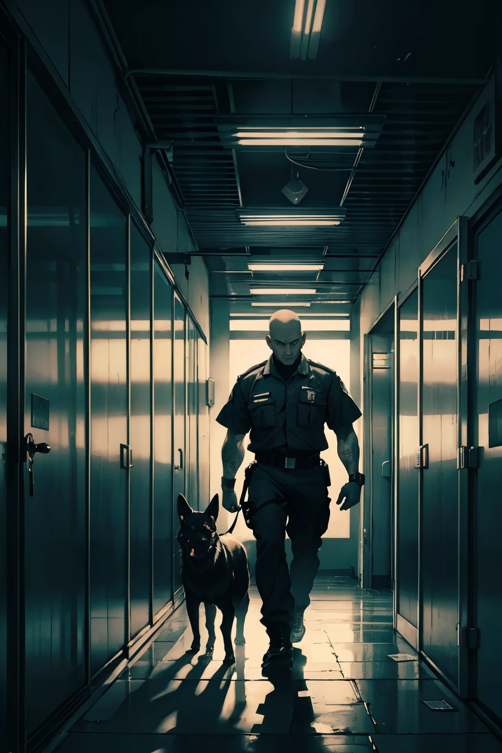 prison guard, drug-sniffing dog on a leash, corridor of cells, door at the end, armed guards, metal bars, dimly lit, concrete walls, surveillance cameras, prison uniforms, stern expression, tension, strict atmosphere, shadows, intense emotions, cautionary signs, prison keys, handcuffs, security protocol, high-res, realistic lighting, portrait style, gritty tones, high contrast