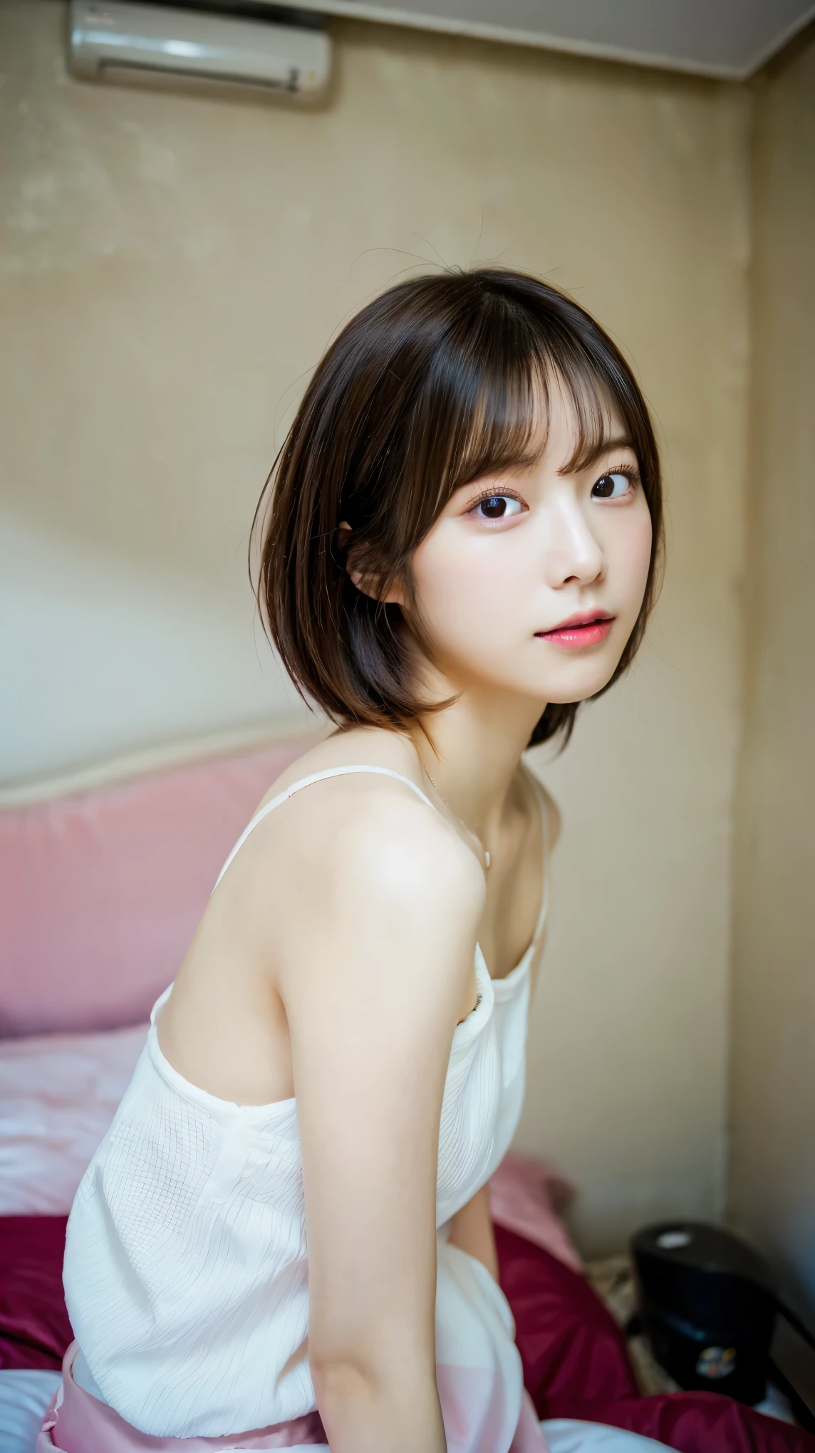 portrait, (ultra high resolution:1.2), japanese idol girl, short hair, bed room,