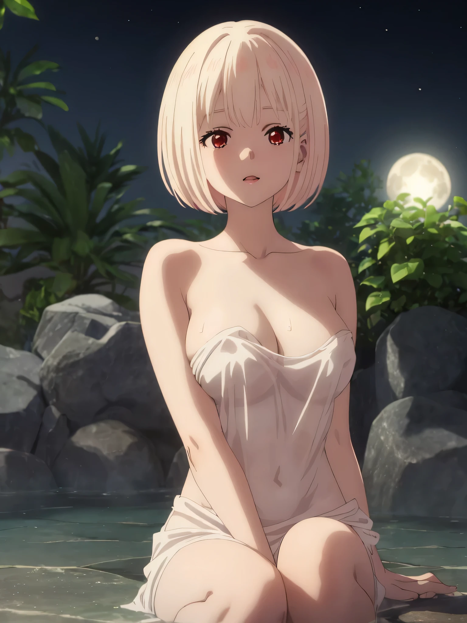 best image quality、high quality、18-year-old、1 girl, masterpiece,A woman relaxing in a hot spring,Towel naked、Glimpse、nipple、Soak up to the shoulders、,look up at the moon、Satisfied look,Beautiful inspired light,Elegant water flow,a soothing atmosphere,Quiet and calm background、moon glare, that&#39;It&#39;s sexy、perfect lighting, 、Bokeh, written boundary depth, blurred background, Senzoku Nishikigi、Blonde short bob、red eyes、
