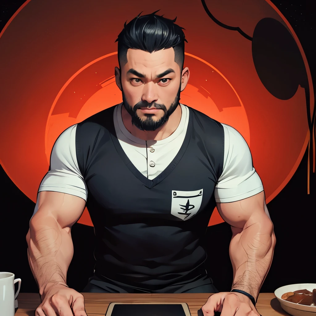 40 year old Chinese man, strong, little beard, evil eyes, casual clothes