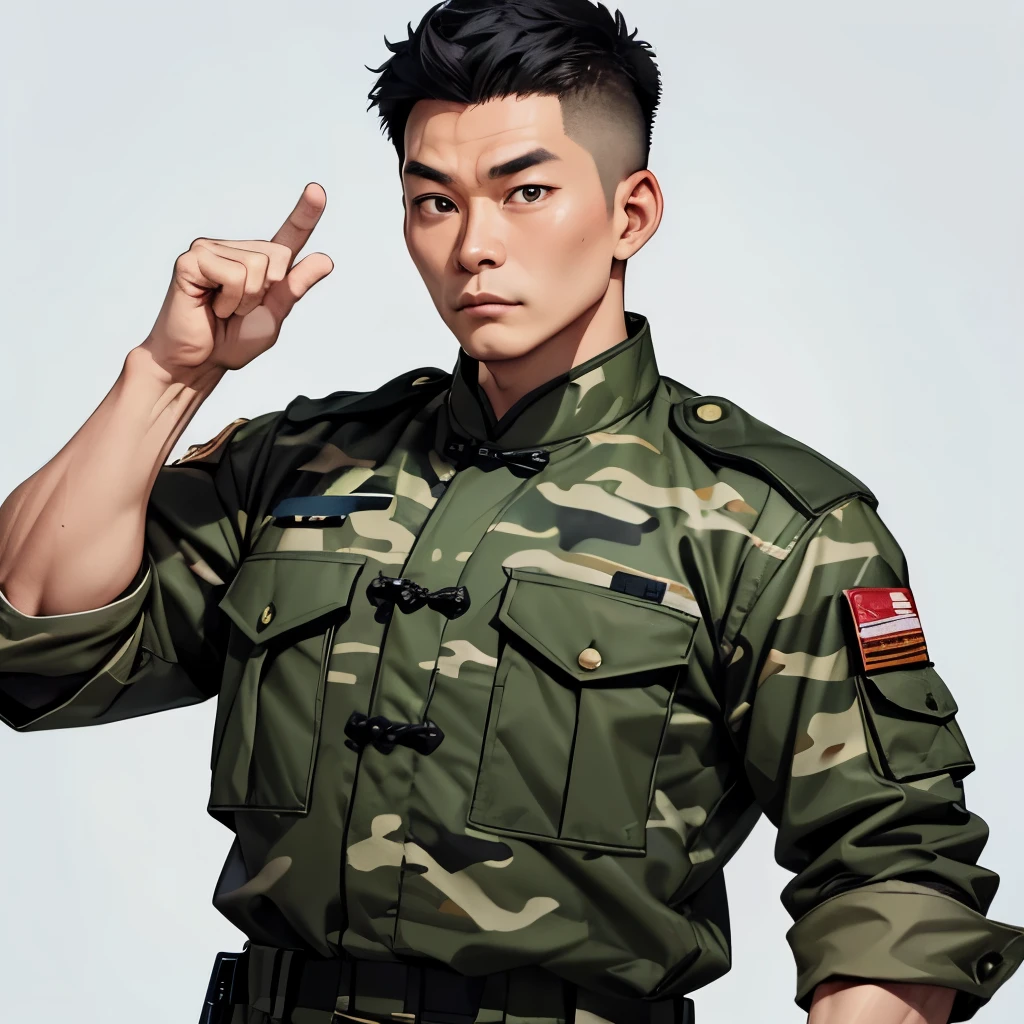 Strong 40 year old Chinese man，Wearing camouflage uniform，Eye fortitude，Handsome