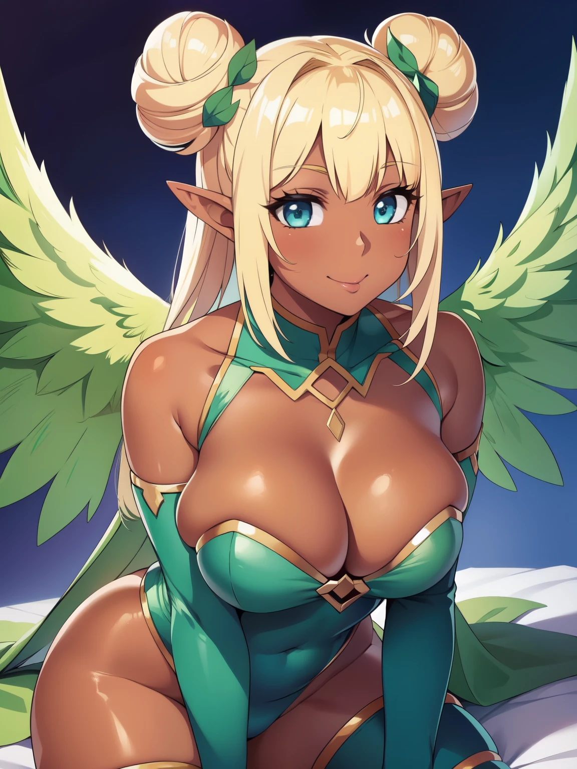 a woman with angel wings is kneeling down and wearing a green bodysuit, 1girl, solo, breasts, dark skin, pointy ears, thighhighs, tongue, dark-skinned female, wings, tongue out, large breasts, thick thighs, leotard, breasts apart, thighs, blonde hair, cameltoe, looking at viewer, double bun