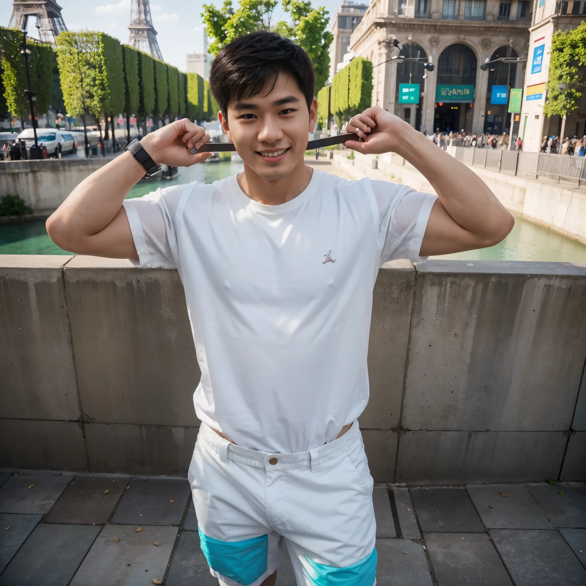 (8K, RAW photo, photorealistic:1.25), Full body shot, hdr photo, photorealistic, hyperrealistic, of a 25 year old Korean man, fit body trapezoid, white skin, oval shape, two block hairstyle, dressed in white shirts, khaki chinos, white air jordan sneakers, smiling pose, eye level angle, standing in the Eiffel Tower. 800mm lens, macro photo, focus photo, deep focus, very detailed, taken with hasselblad x2d, nature photo, professional photography, award winning, national geography documentary, (bright color ):1.25