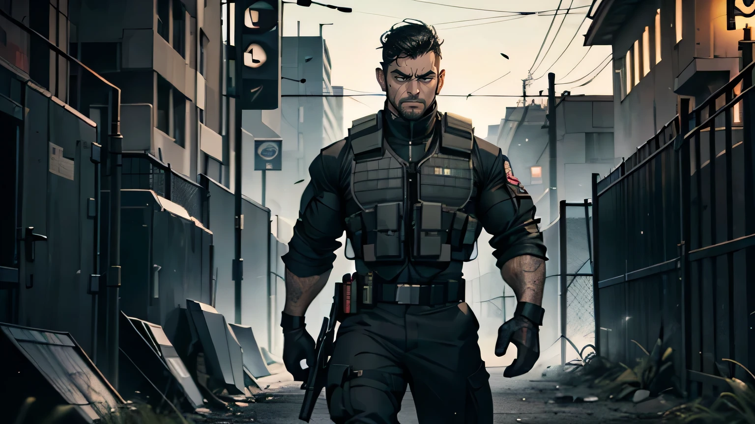(a strong looking, muscular) armed guard, (wearing a) bulletproof vest, (holding a) rifle, (with) intense, focused eyes, (standing) in front of a high-security gate, (surrounded by) thick, barbed wire, (illuminated by) harsh, fluorescent lights, (conveying) a sense of authority and vigilance.