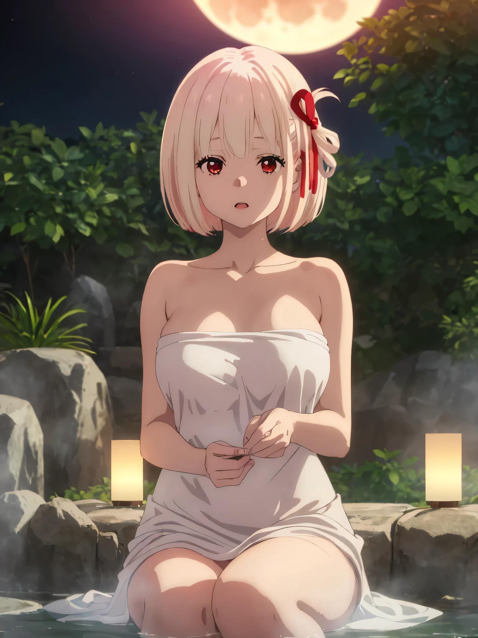 best image quality、high quality、18-year-old、1 girl, masterpiece,A woman relaxing in a hot spring,Towel naked、Glimpse、nipple、Soak up to the shoulders、,look up at the moon、Satisfied look,Beautiful inspired light,Elegant water flow,a soothing atmosphere,Quiet and calm background、lie、moon glare, that'It's sexy、perfect lighting, 、Bokeh, written boundary depth, blurred background, Senzoku Nishikigi、Blonde short bob、red eyes、