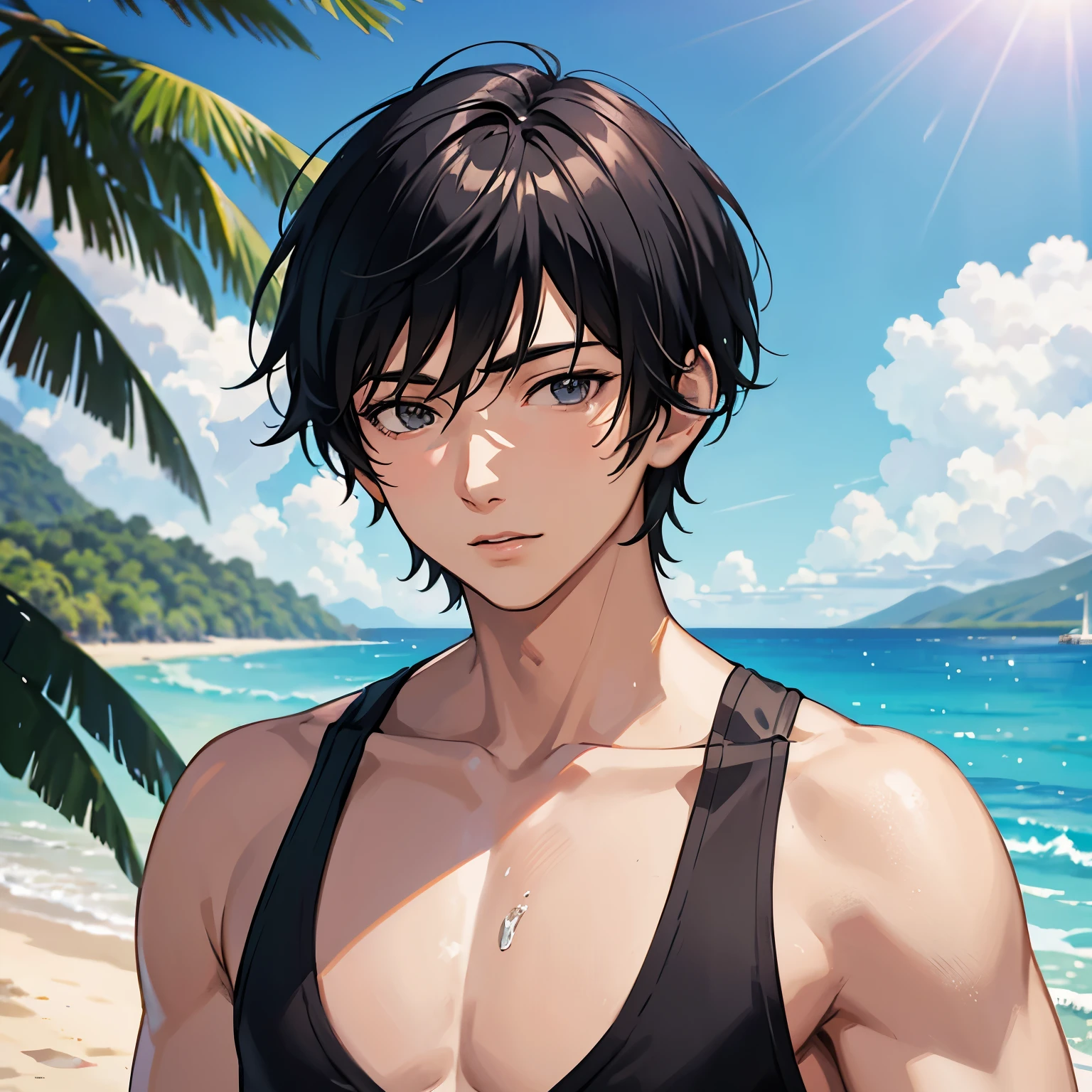 anime characters, 1 man, young man, short hair, black hair, men's beachwear, photo shoot, portrait, beach, water special effects, realistic shadow and light, natural, very perfect, very detailed 