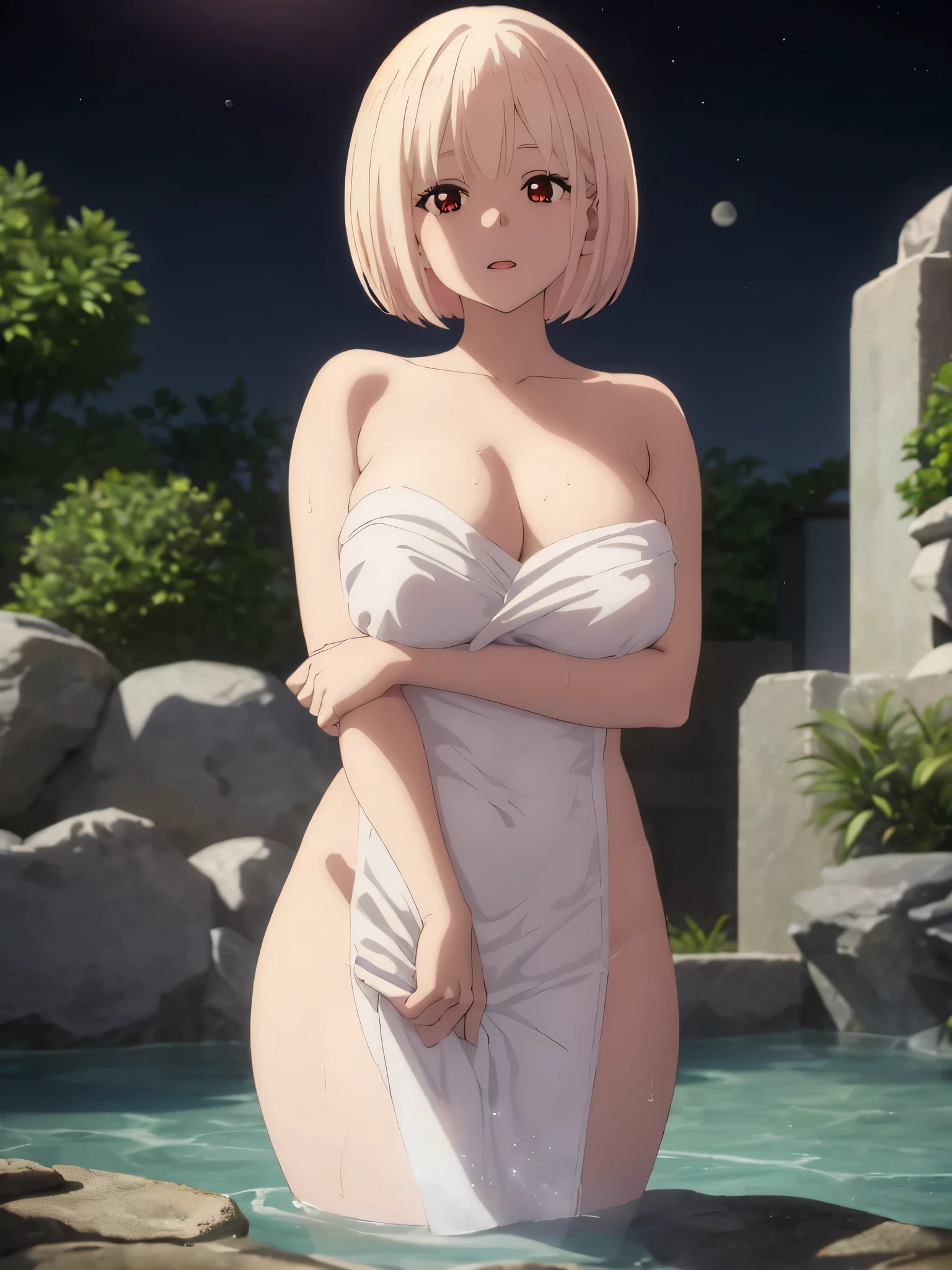 best image quality、high quality、18-year-old、1 girl, masterpiece,A woman relaxing in a hot spring,Towel naked、Glimpse、nipple、Soak up to the shoulders、,look up at the moon、Satisfied look,Beautiful inspired light,Elegant water flow,a soothing atmosphere,Quiet and calm background、lie、moon glare, that&#39;It&#39;s sexy、perfect lighting, 、Bokeh, written boundary depth, blurred background, Senzoku Nishikigi、Blonde short bob、red eyes、
