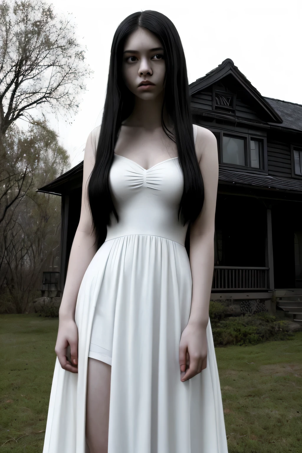 una casa de terror oscura , pretty chica standing in front wearing white long dress face unexpressive pale skin nice body red baloons very beautiful face cute nice body shape hermosa, Lugar oscuro, pelo negro, pelo largo, chica, no make up teenager rostro femenino、cuerpo femenino、con cara redonda、una cara pequeña、mejillas suaves、mirando a la camara、